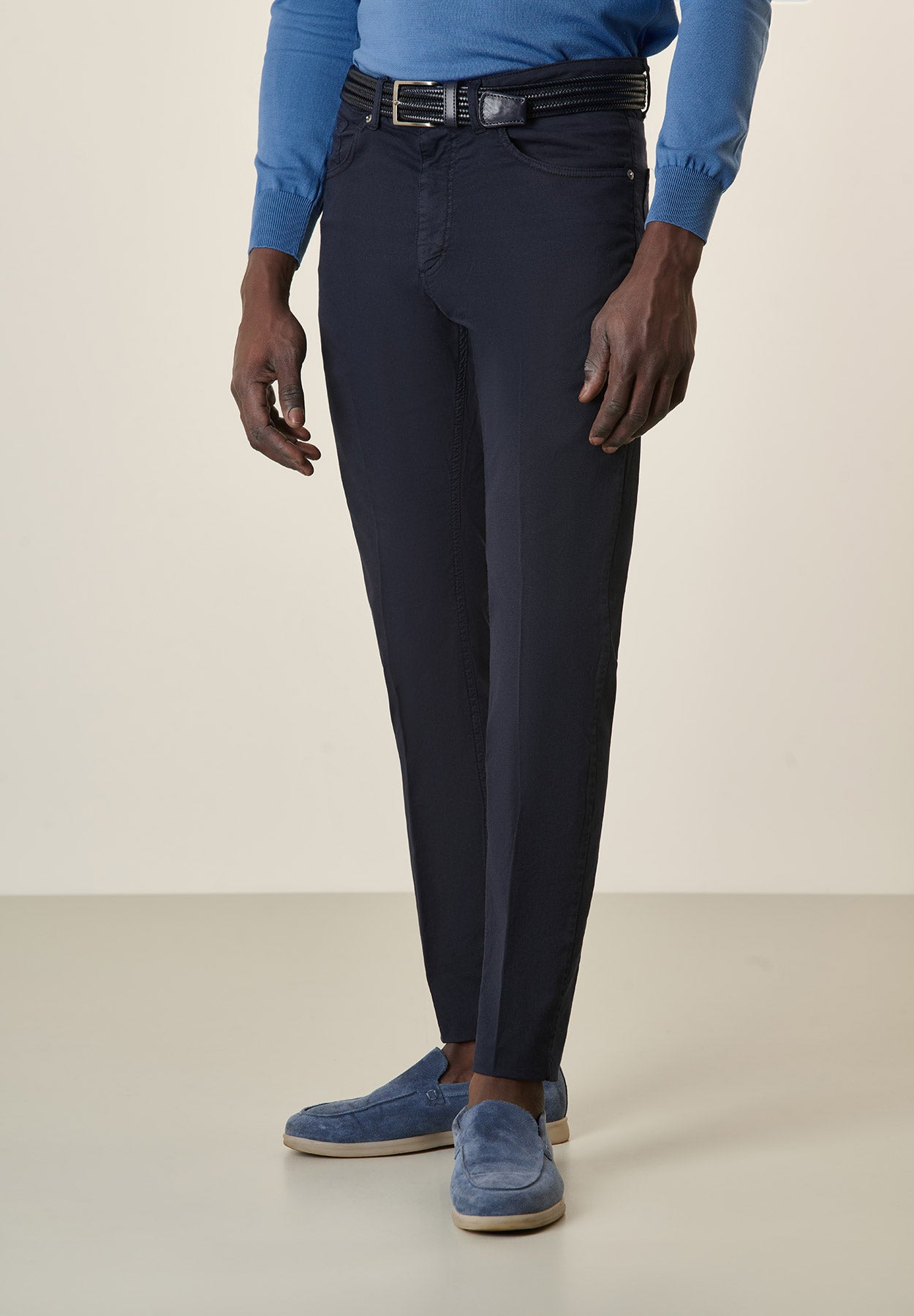 Pantalone blu 5 tasche gabardina cotone stretch slim fit