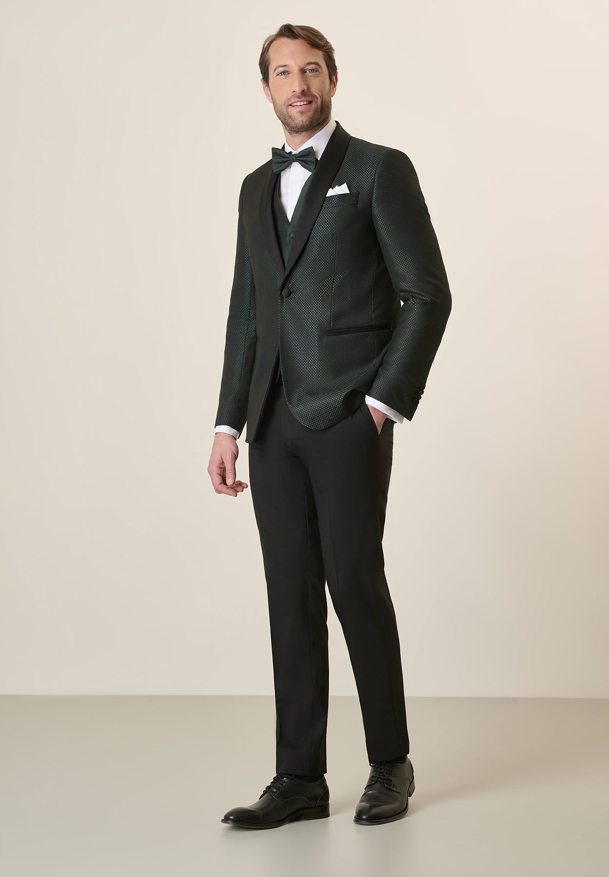 Smoking nero collo scialle armatura verde custom fit Angelico 5