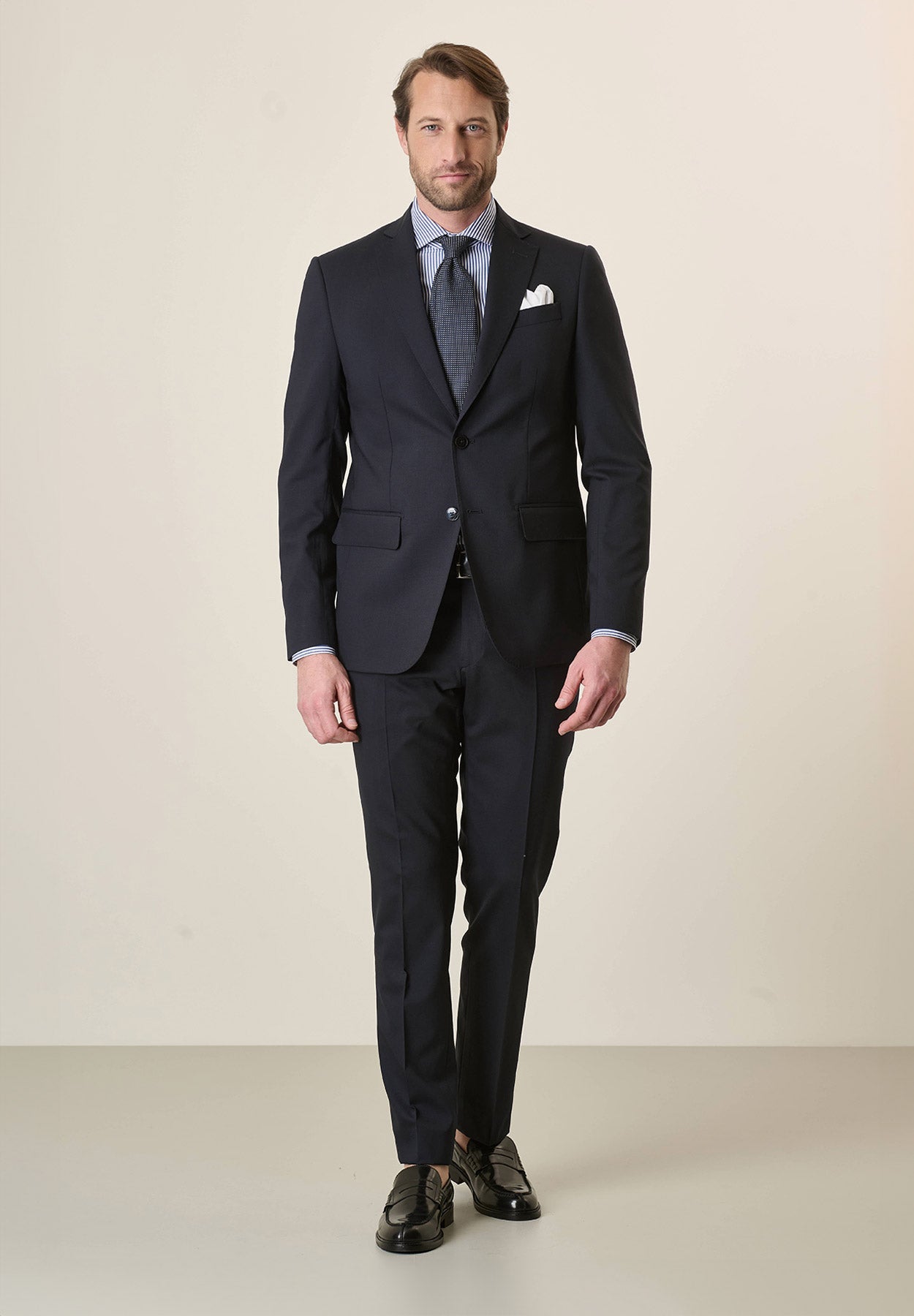 Abito blu tela lana vergine stretch custom fit lungo Angelico 1