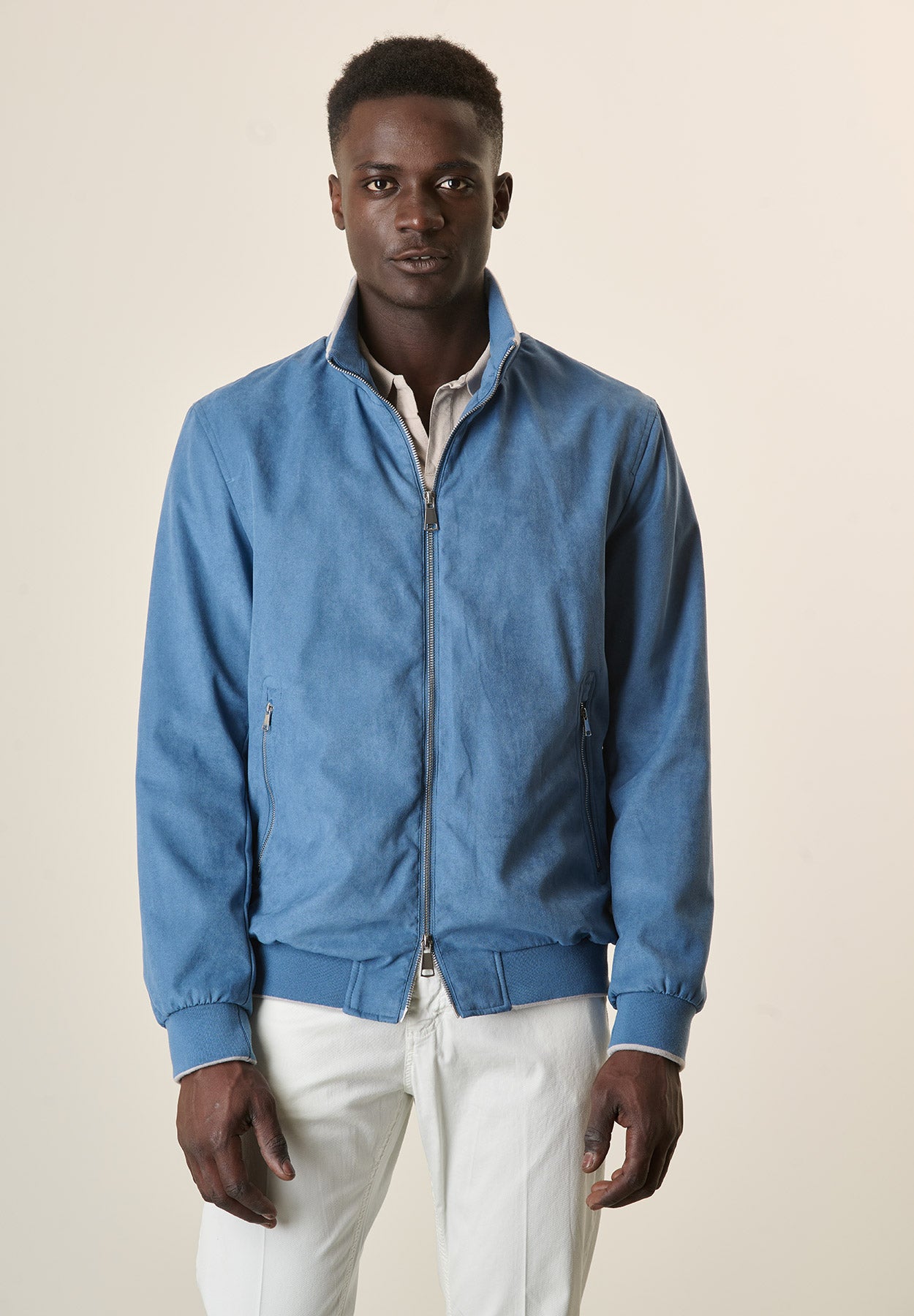 Bomber azzurro denim scamosciato
