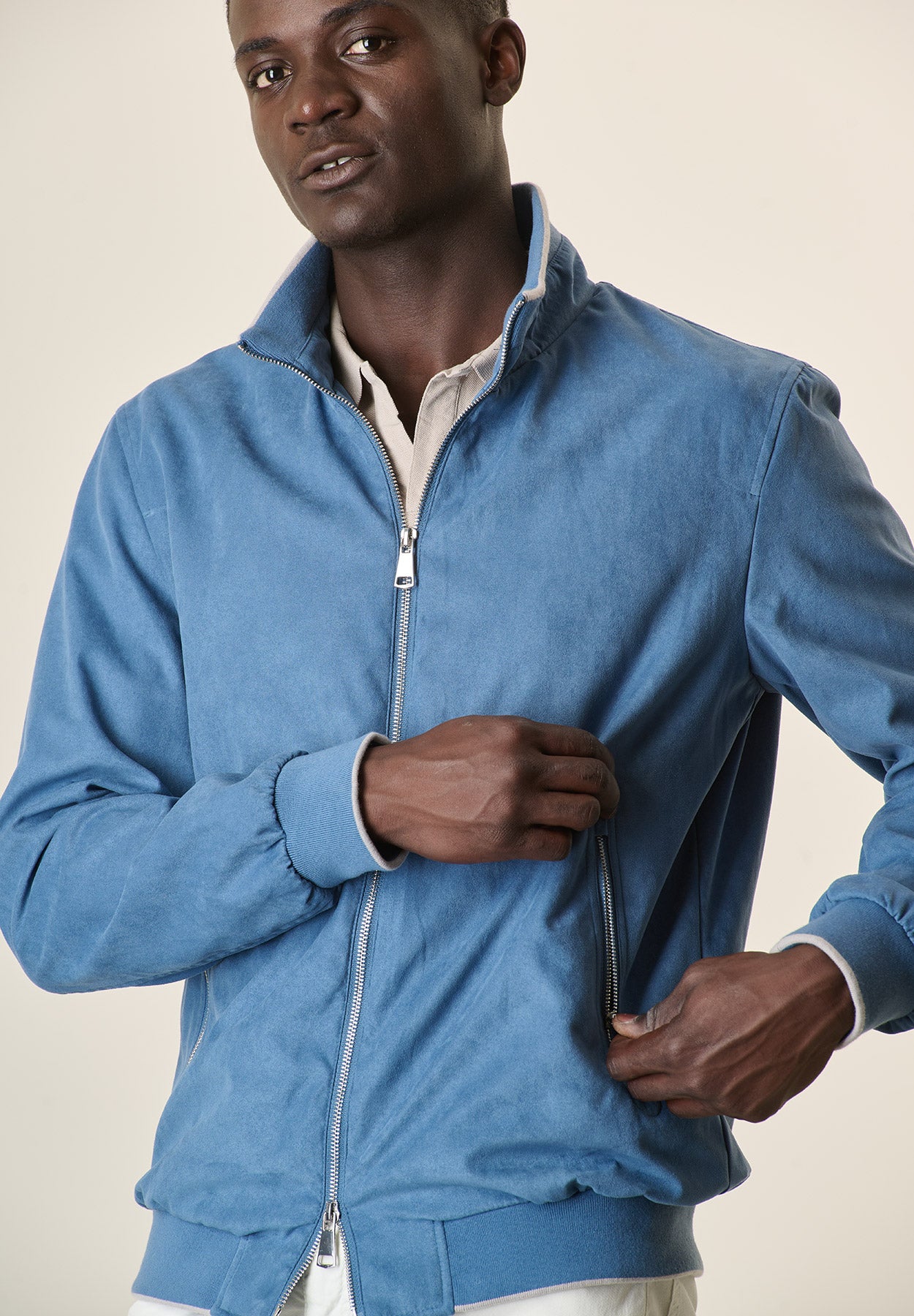 Bomber azzurro denim scamosciato