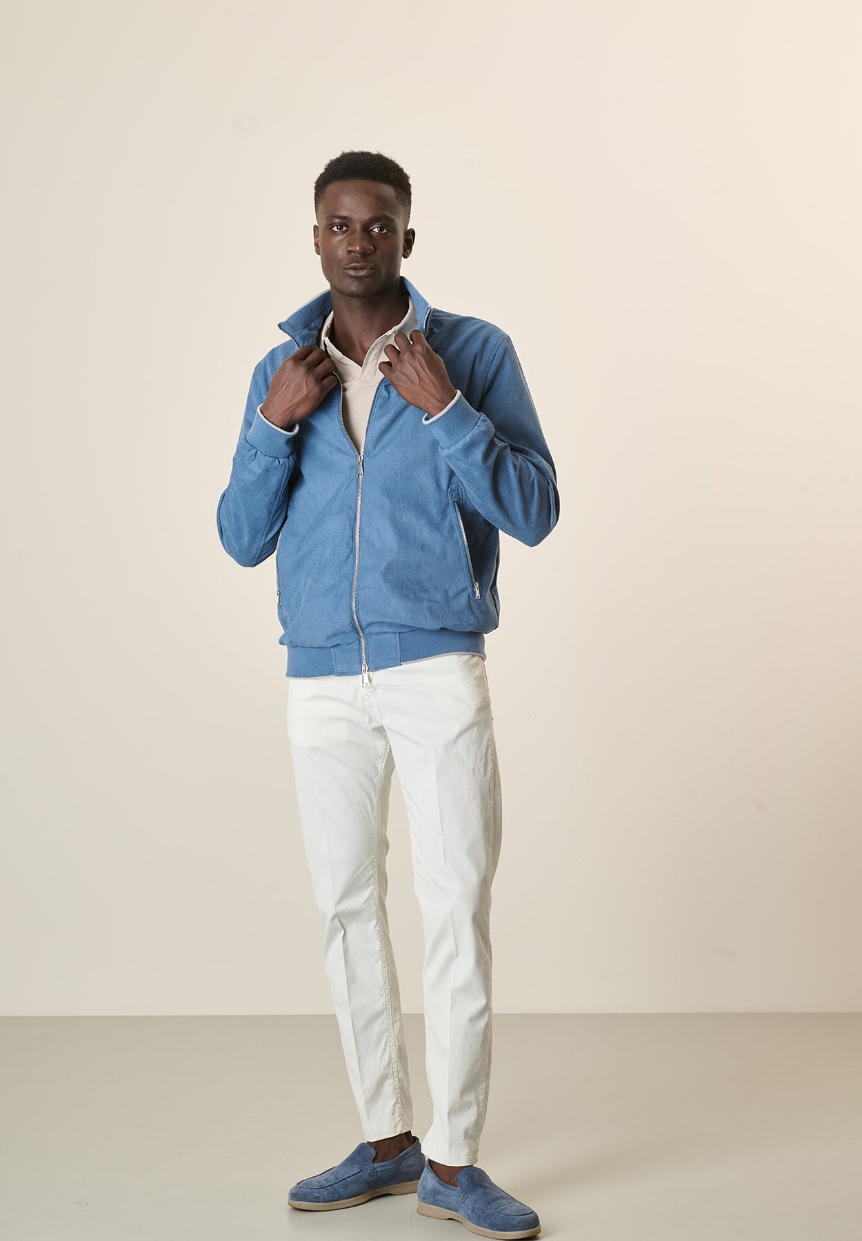 Bomber azzurro denim scamosciato