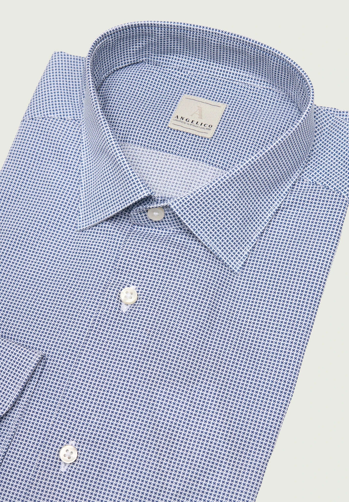 Slim fit white and blue cotton shirt with micro-pattern Angelico 2