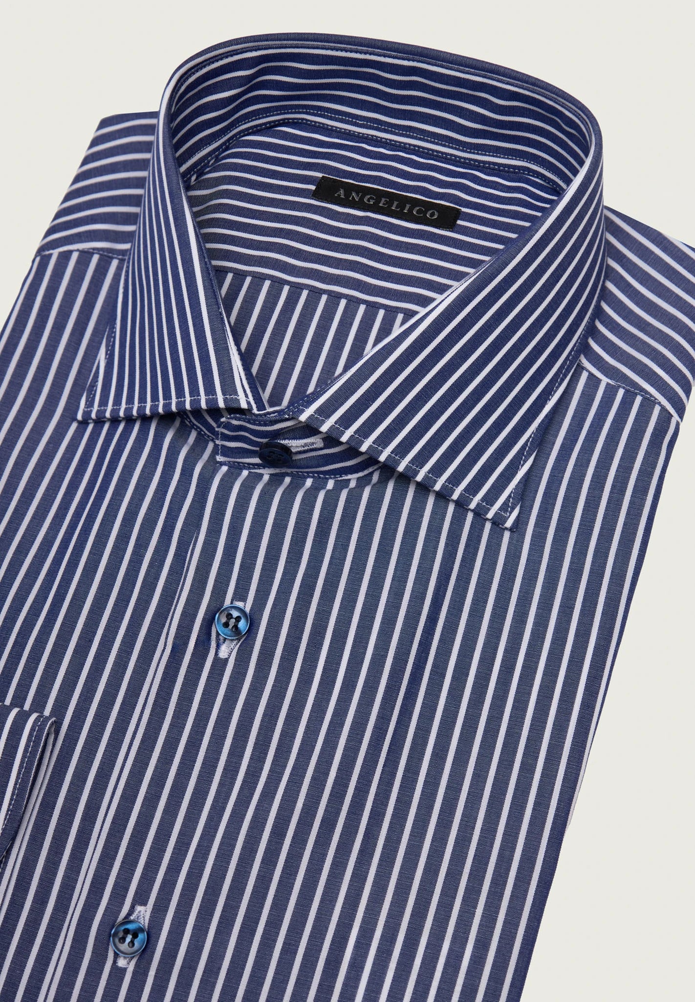 Camicia blu scura bianca rigata cotone comfort fit Angelico 2