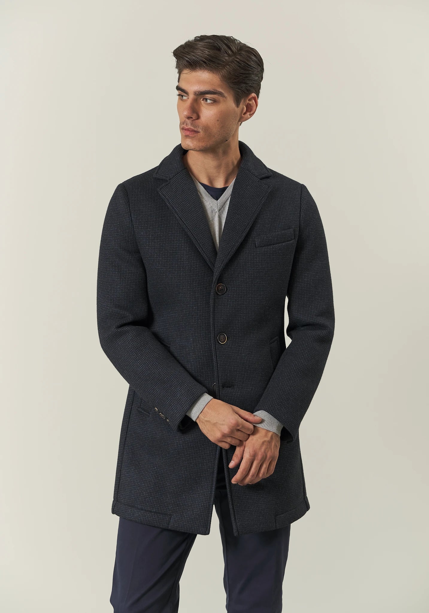 Cappotto blu jersey sfoderato pied de poule pettorina staccabile