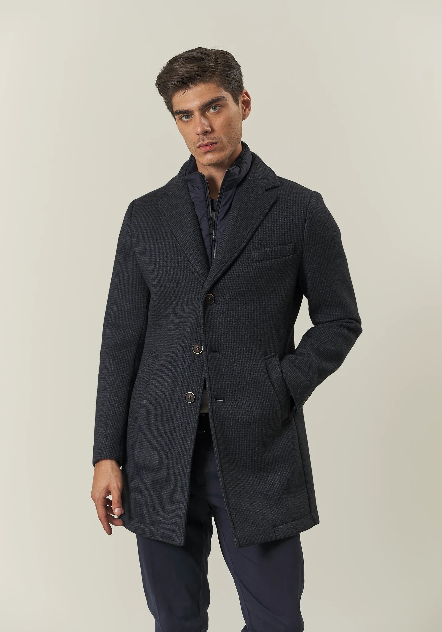 Cappotto blu jersey sfoderato pied de poule pettorina staccabile