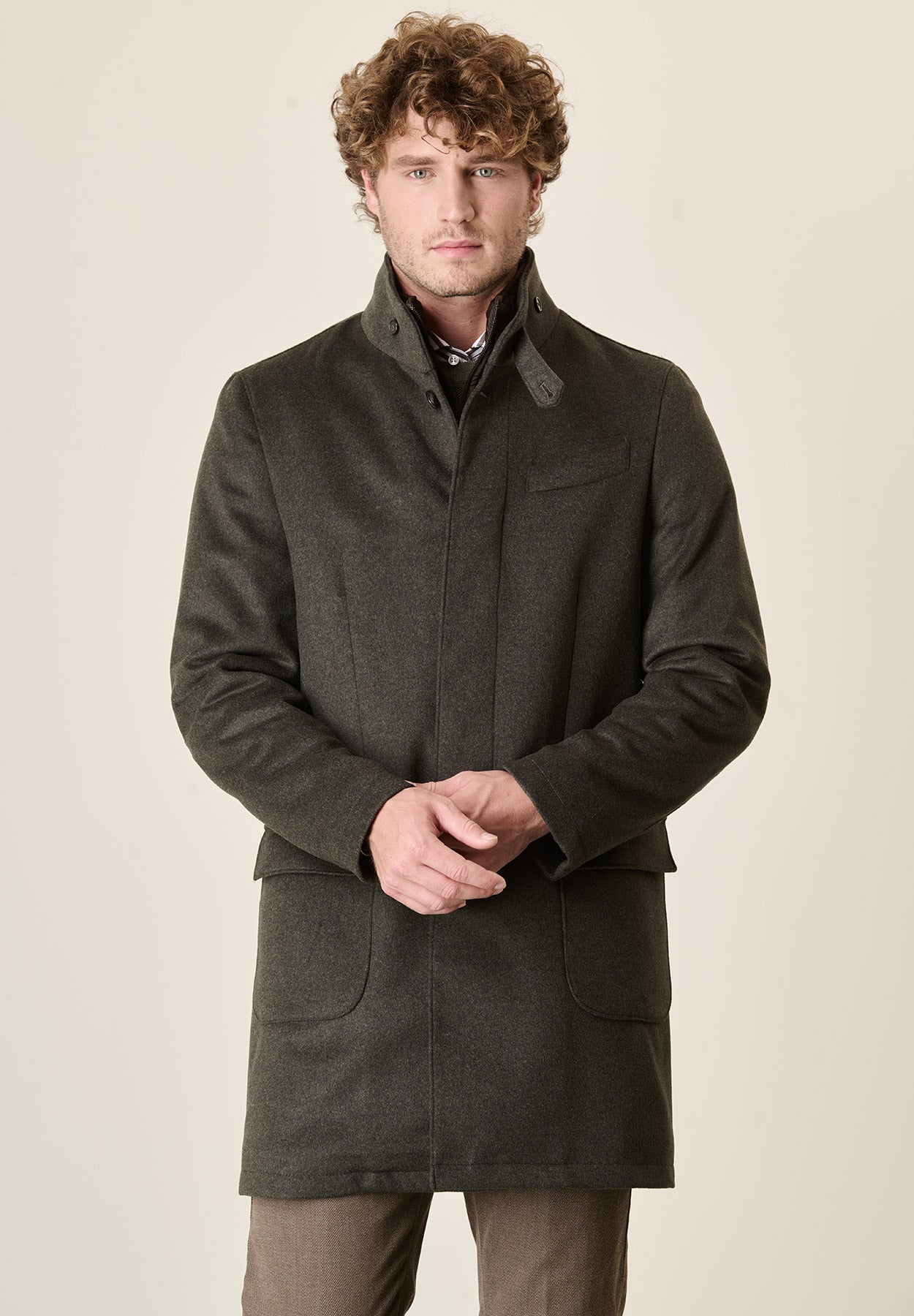 Cappotto verde misto cashmere collo coreano pettorina staccabile-Angelico