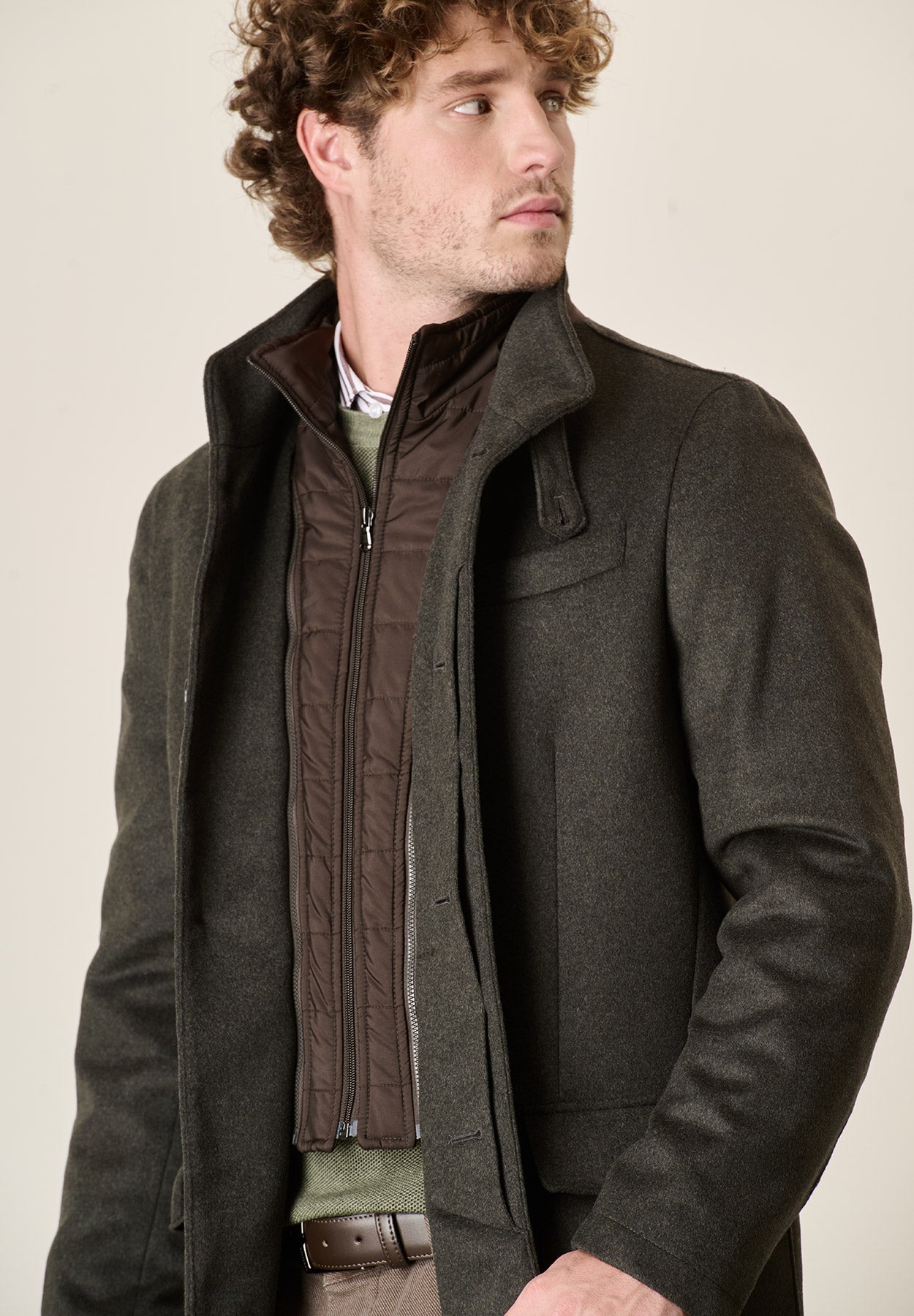 Cappotto verde misto cashmere collo coreano pettorina staccabile-Angelico