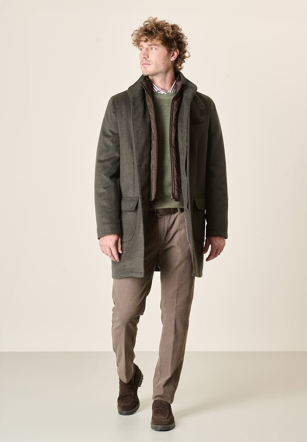 Cappotto verde misto cashmere collo coreano pettorina staccabile-Angelico