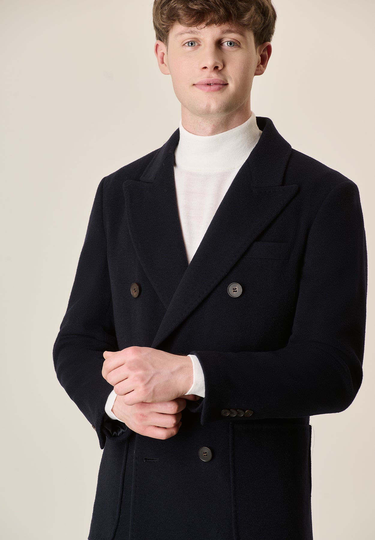 Cappotto blu navy doppiopetto lana con martingala