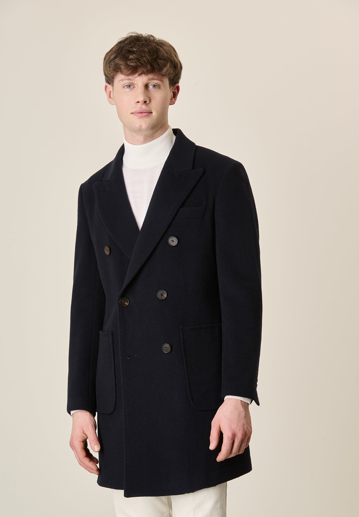 Cappotto blu navy doppiopetto lana con martingala