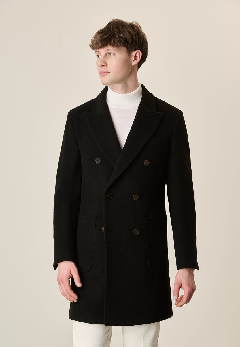 Black double-breasted wool coat with martingale | Angelico