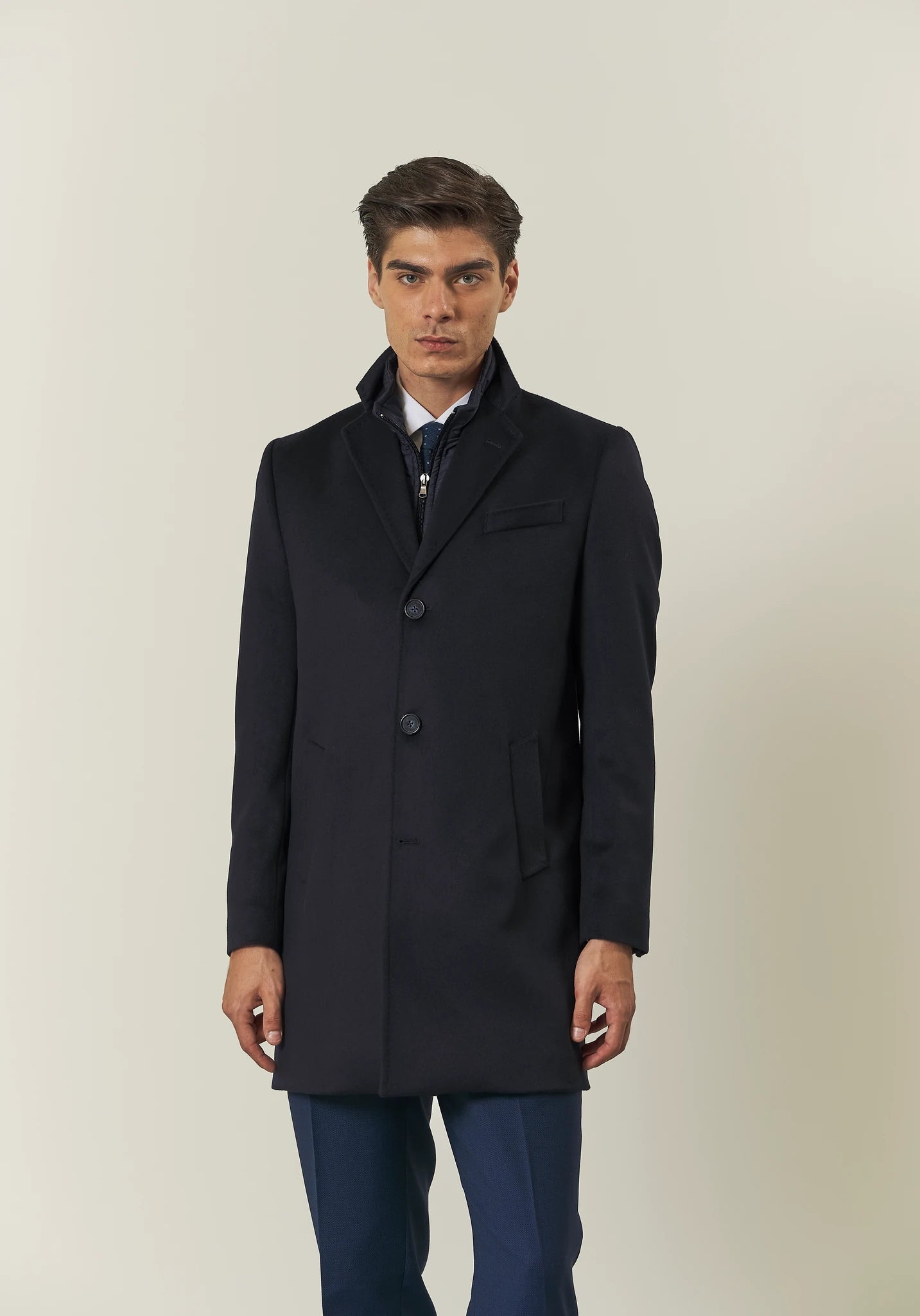 Cappotto blu misto cashmere pettorina staccabile