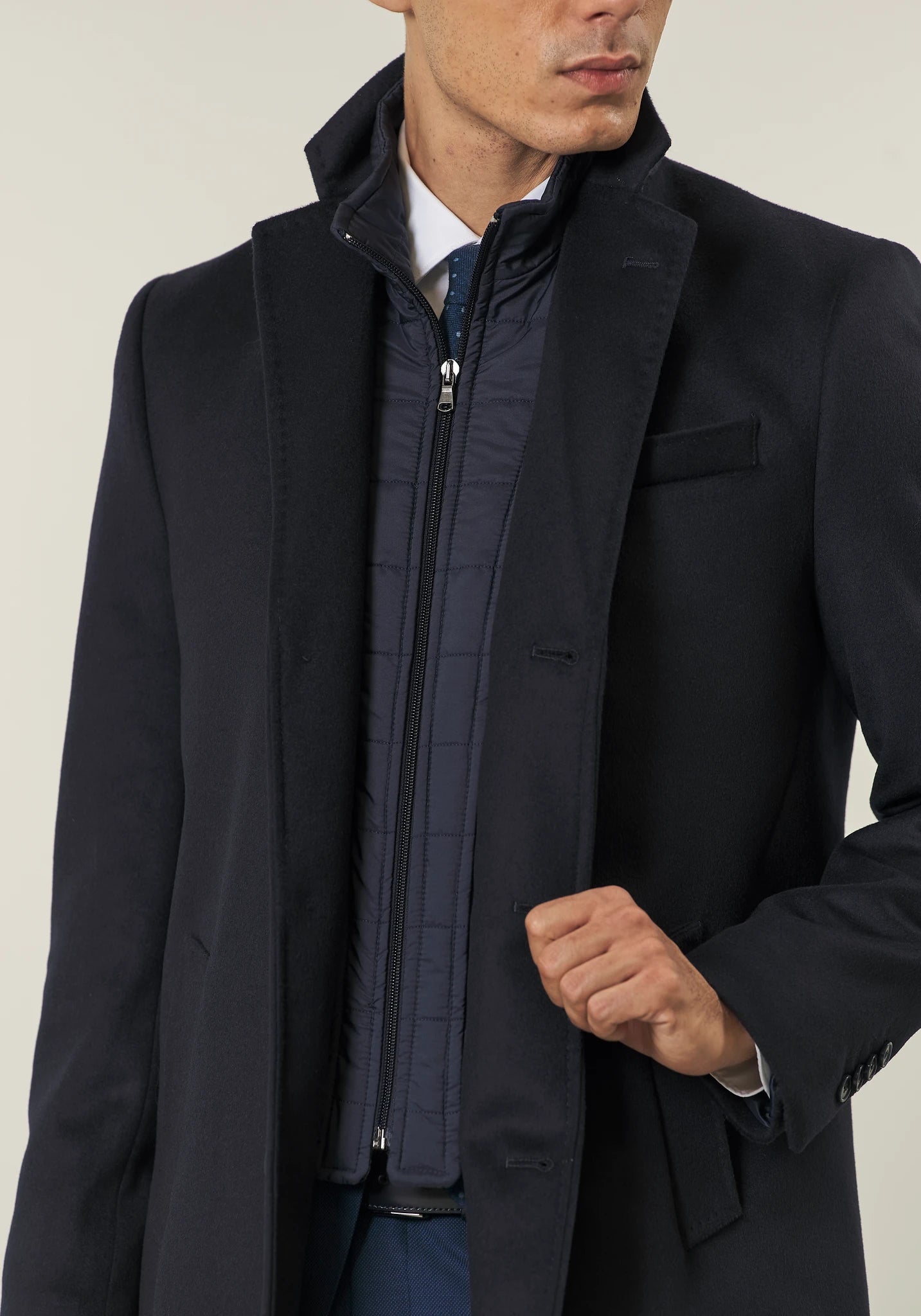 Cappotto blu misto cashmere pettorina staccabile