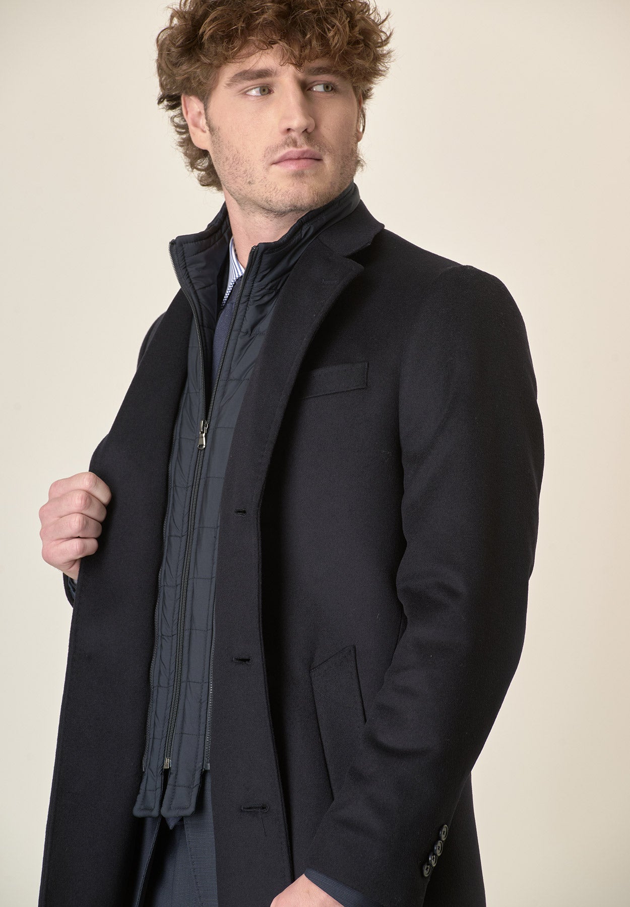 Cappotto blu misto cashmere pettorina staccabile-Angelico