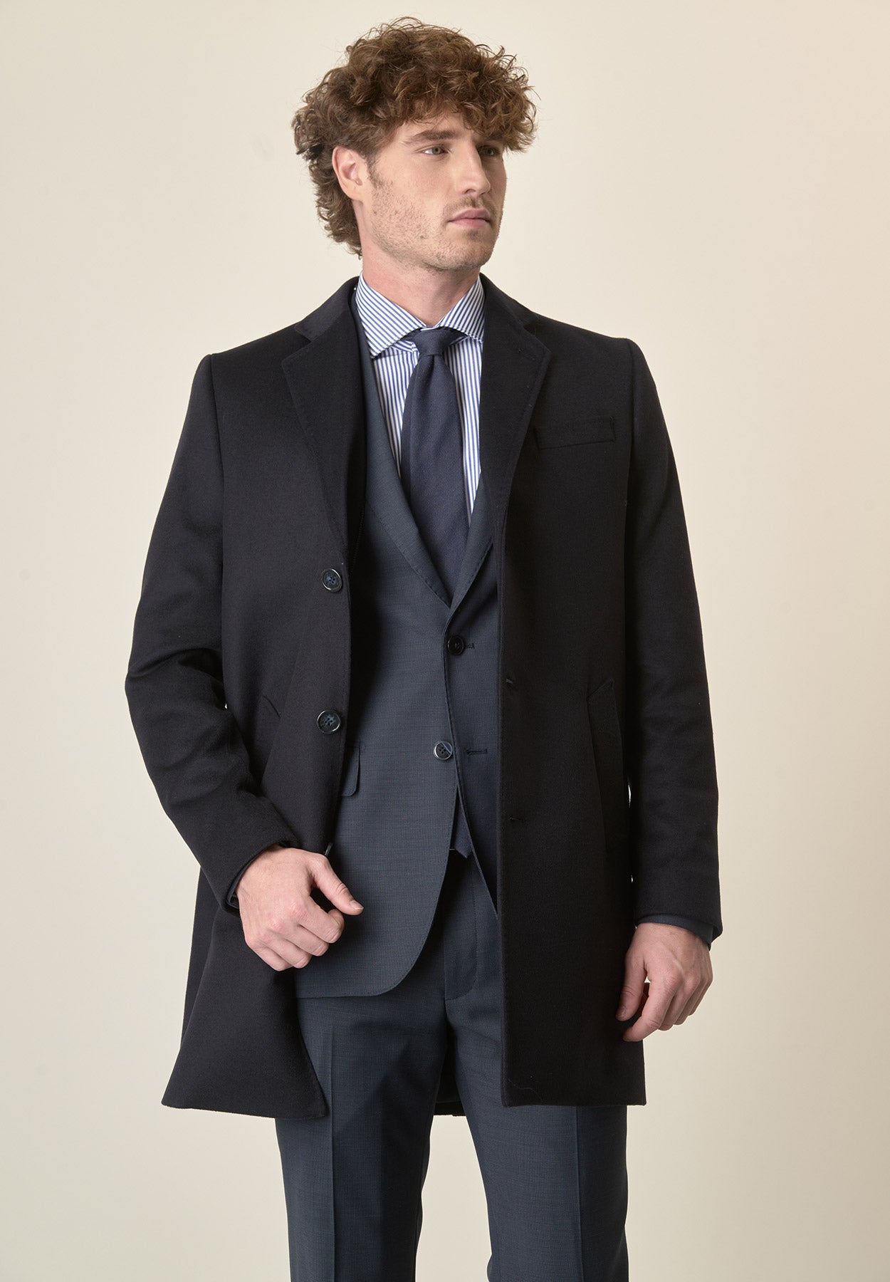 Cappotto blu misto cashmere pettorina staccabile-Angelico