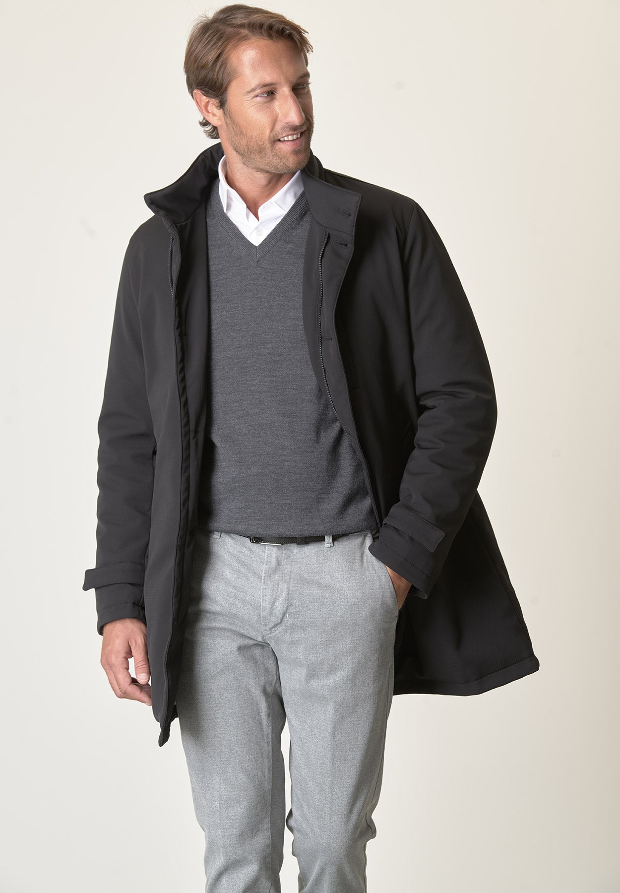 Cappotto tecnico nero trama leggera impermeabile-Angelico