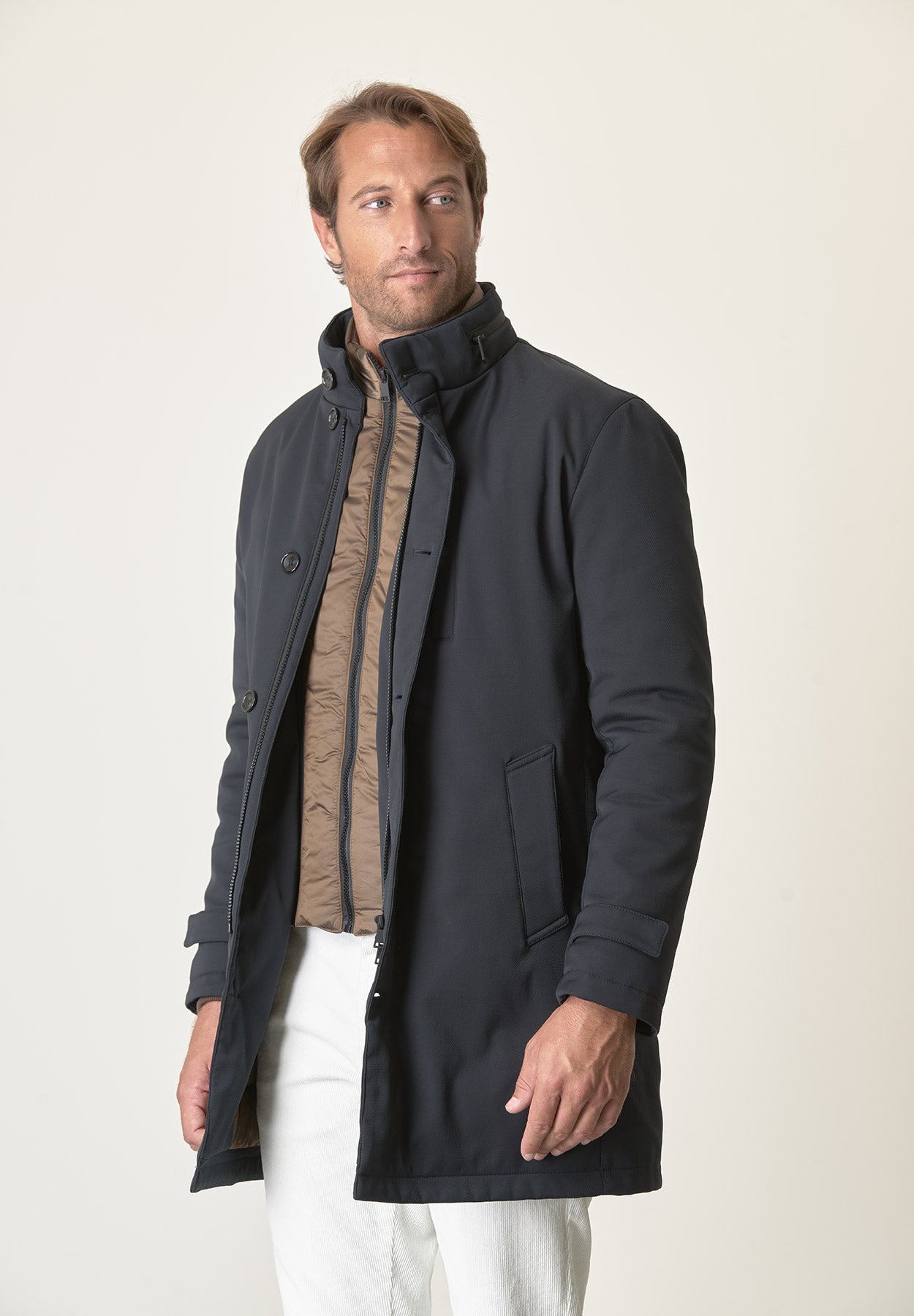 Cappotto tecnico blu trama leggera impermeabile-Angelico
