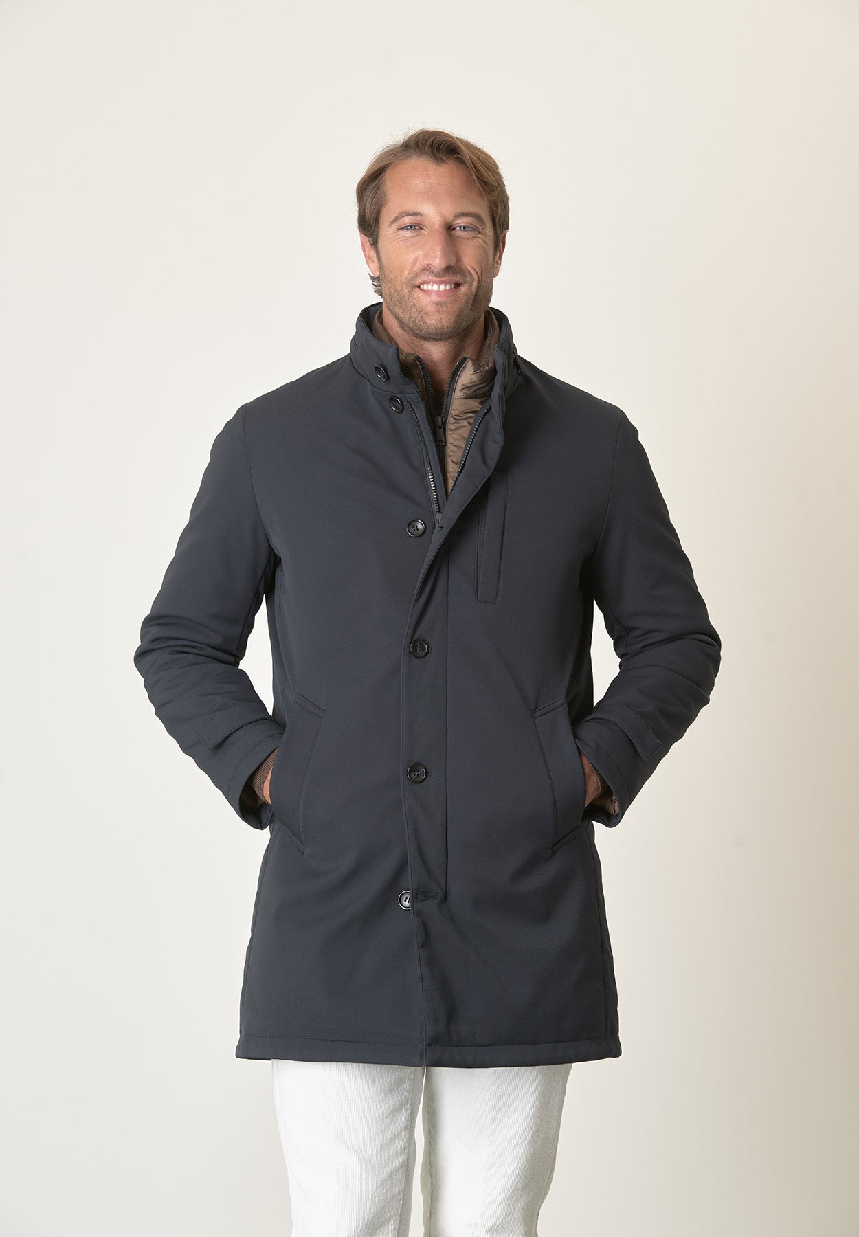 Cappotto tecnico blu trama leggera impermeabile-Angelico