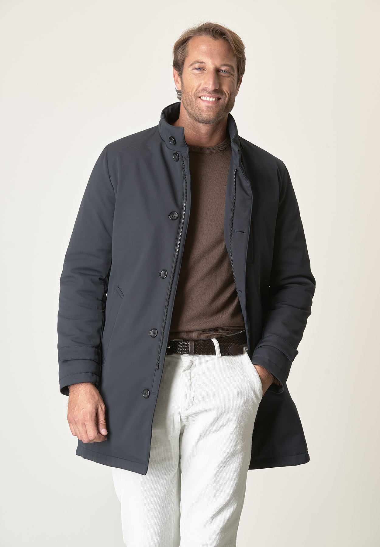 Cappotto tecnico blu trama leggera impermeabile-Angelico