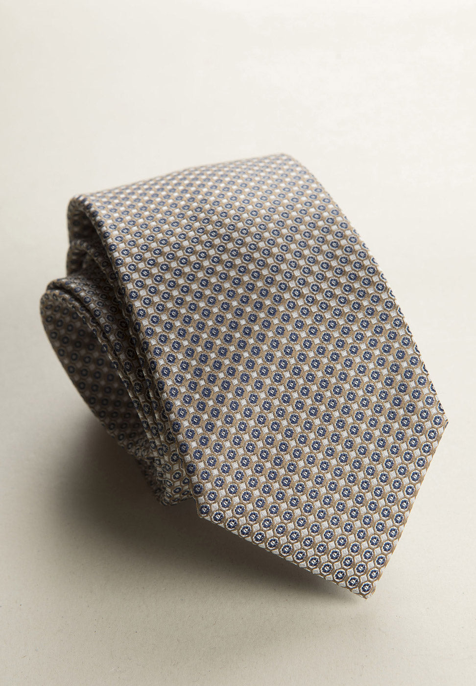 Beige tie micro pattern white blue silk