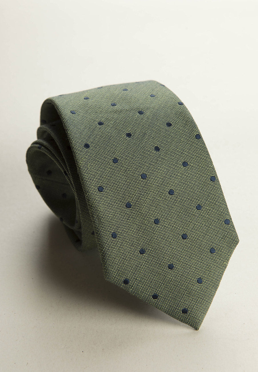 Cravatta verde pois blu seta lino