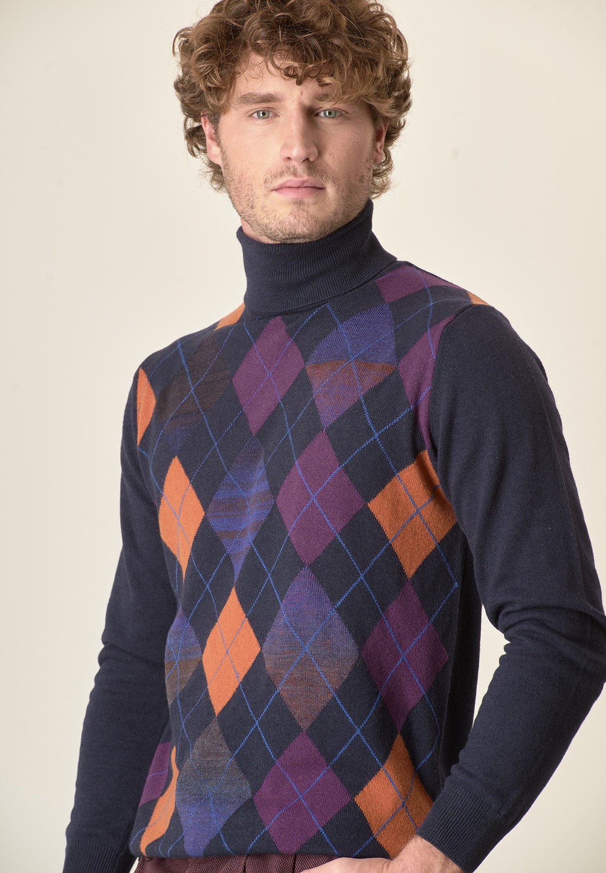 Dolcevita blu motivo rombi misto cashmere-Angelico