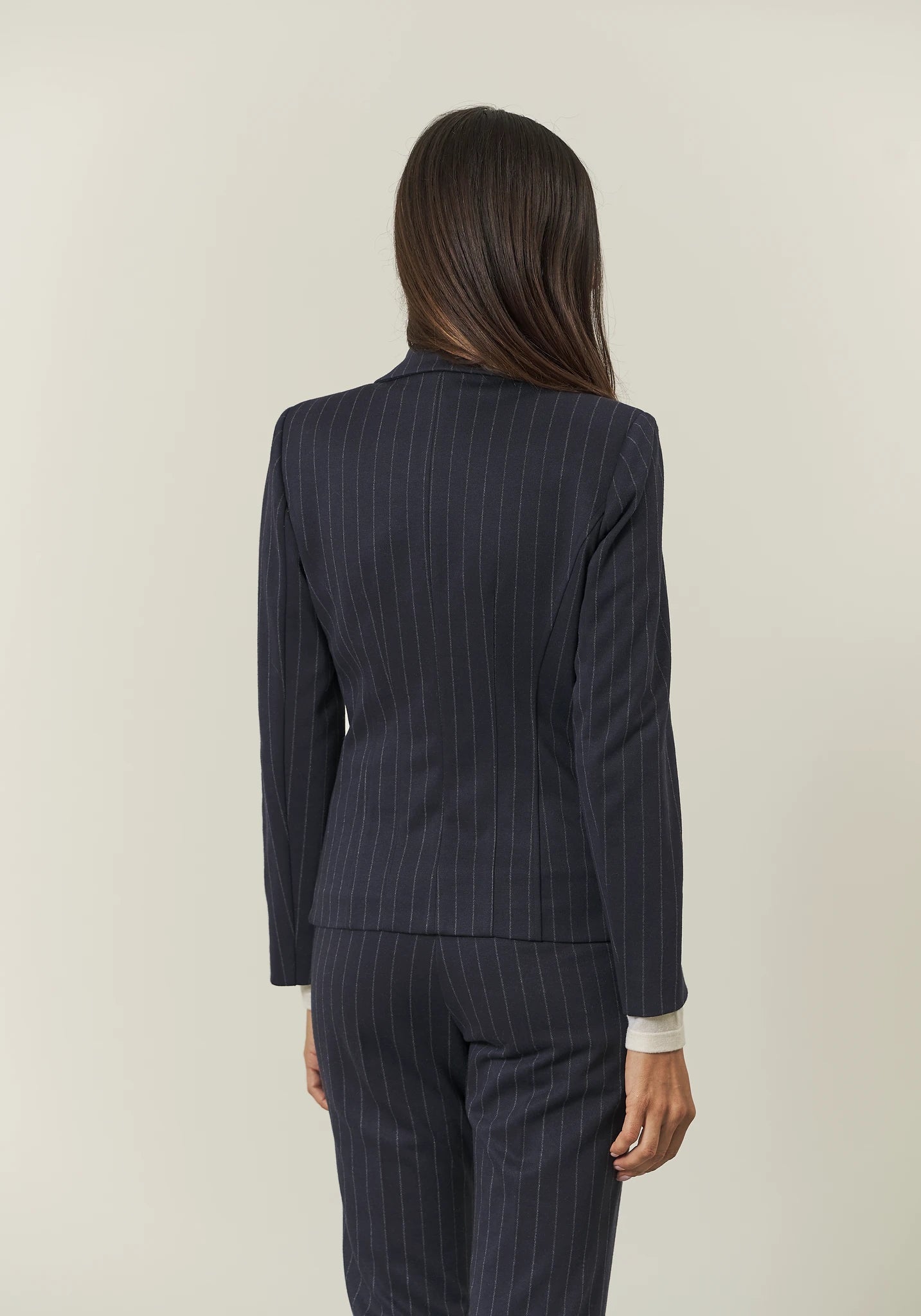 Blue pinstripe jacket with one button