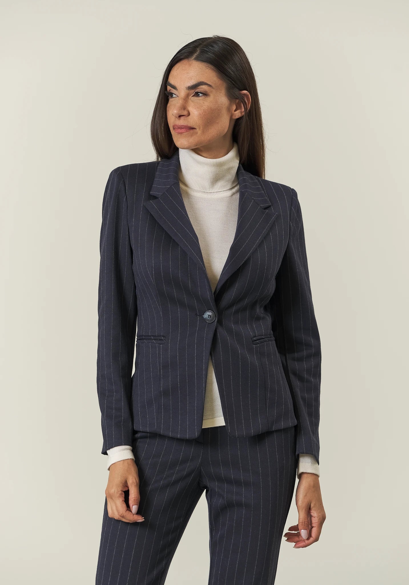 Blue pinstripe jacket with one button