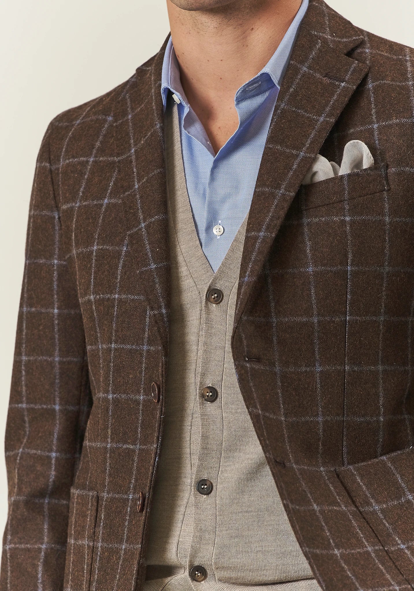 Giacca marrone check azzurro lana vergine custom fit