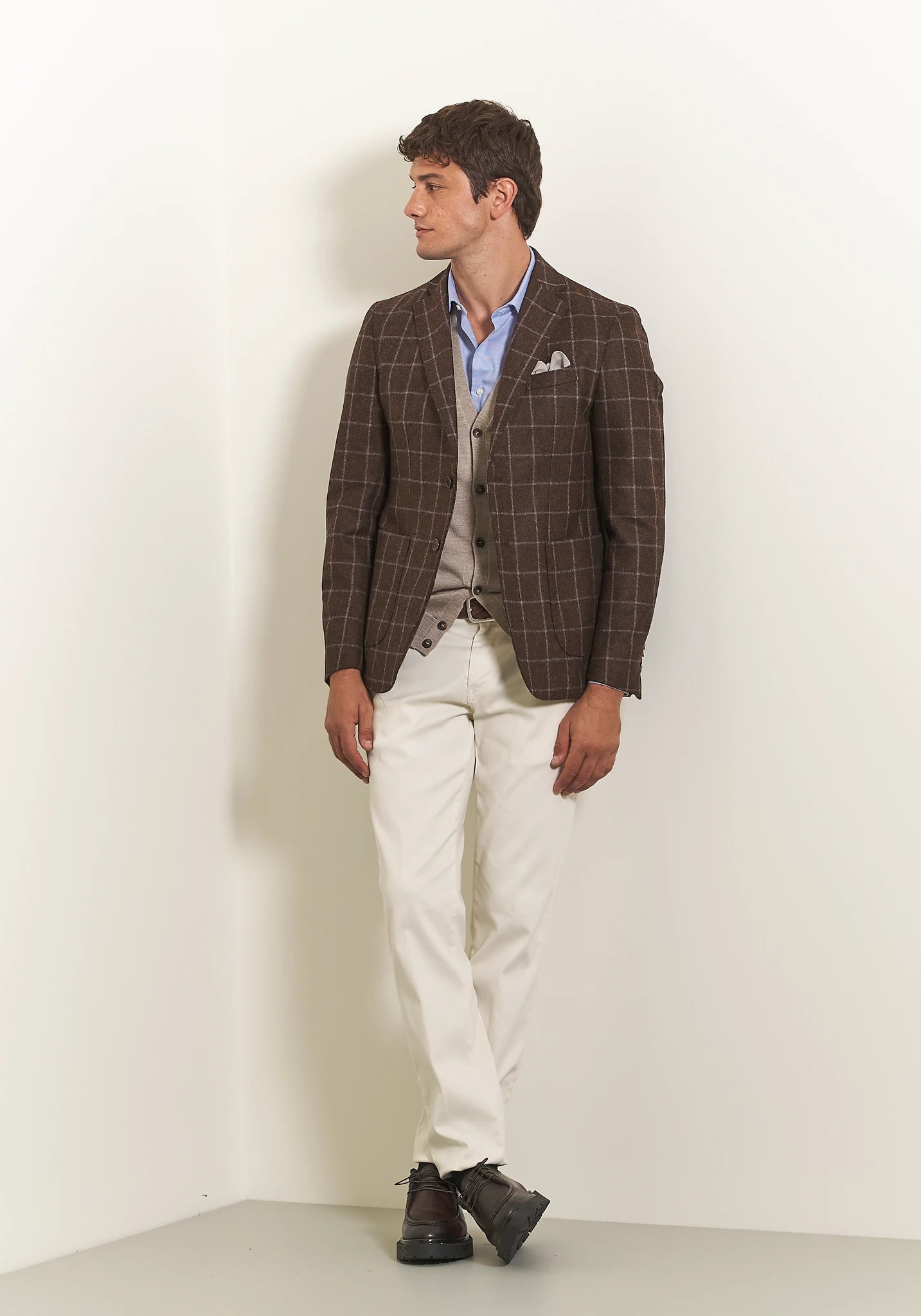 Giacca marrone check azzurro lana vergine custom fit