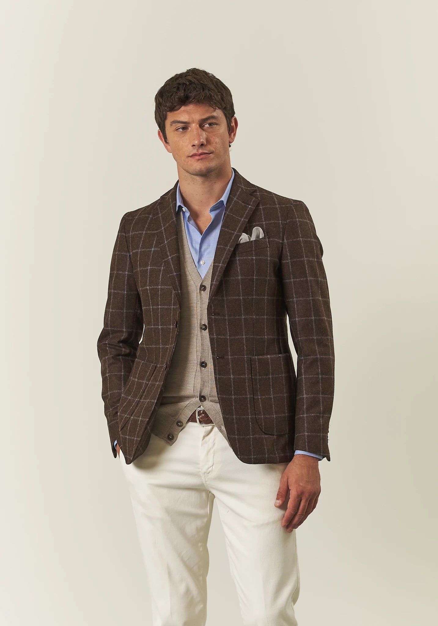 Giacca marrone check azzurro lana vergine custom fit