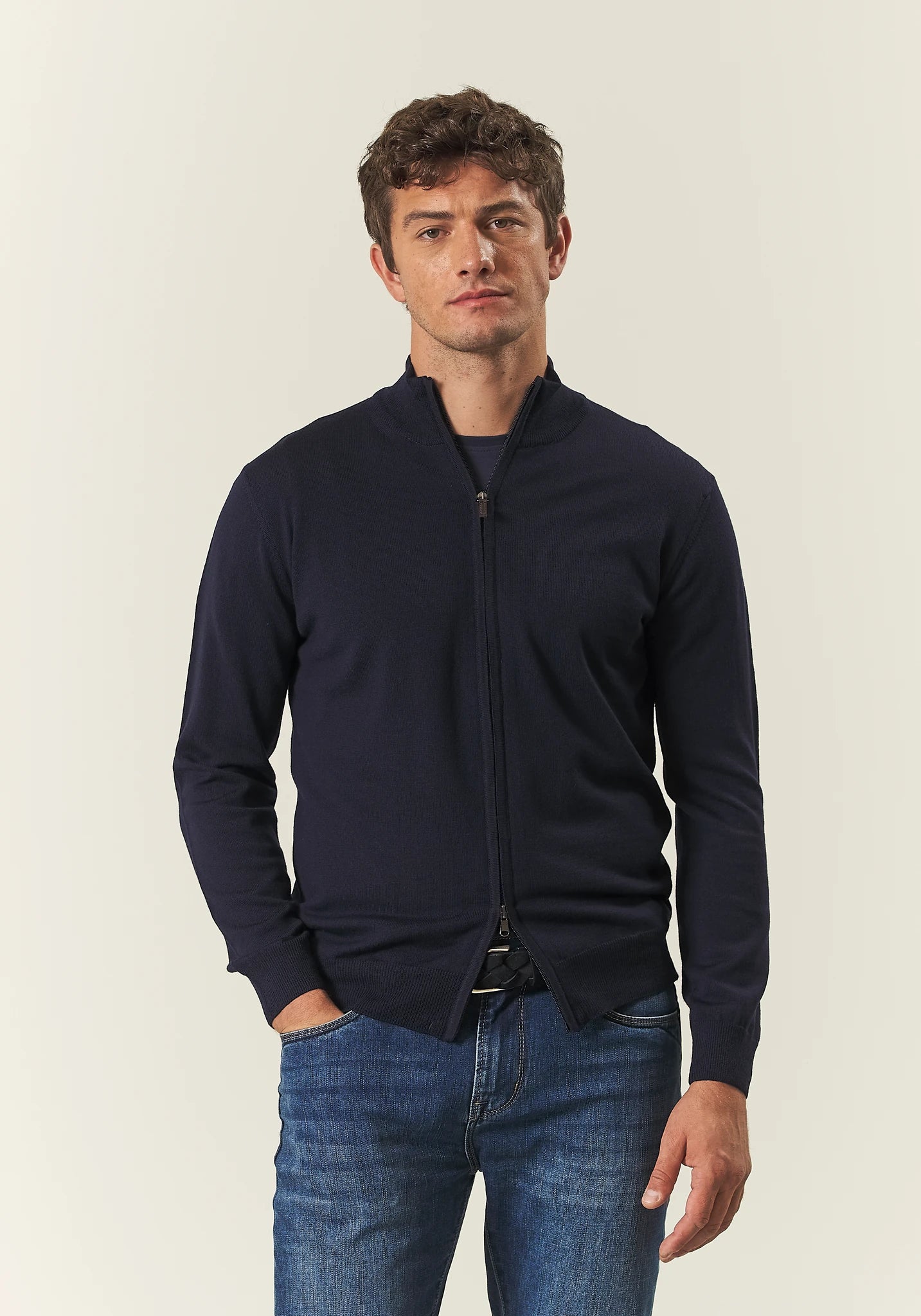 Maglia full zip blu scuro lana merinos Harmony