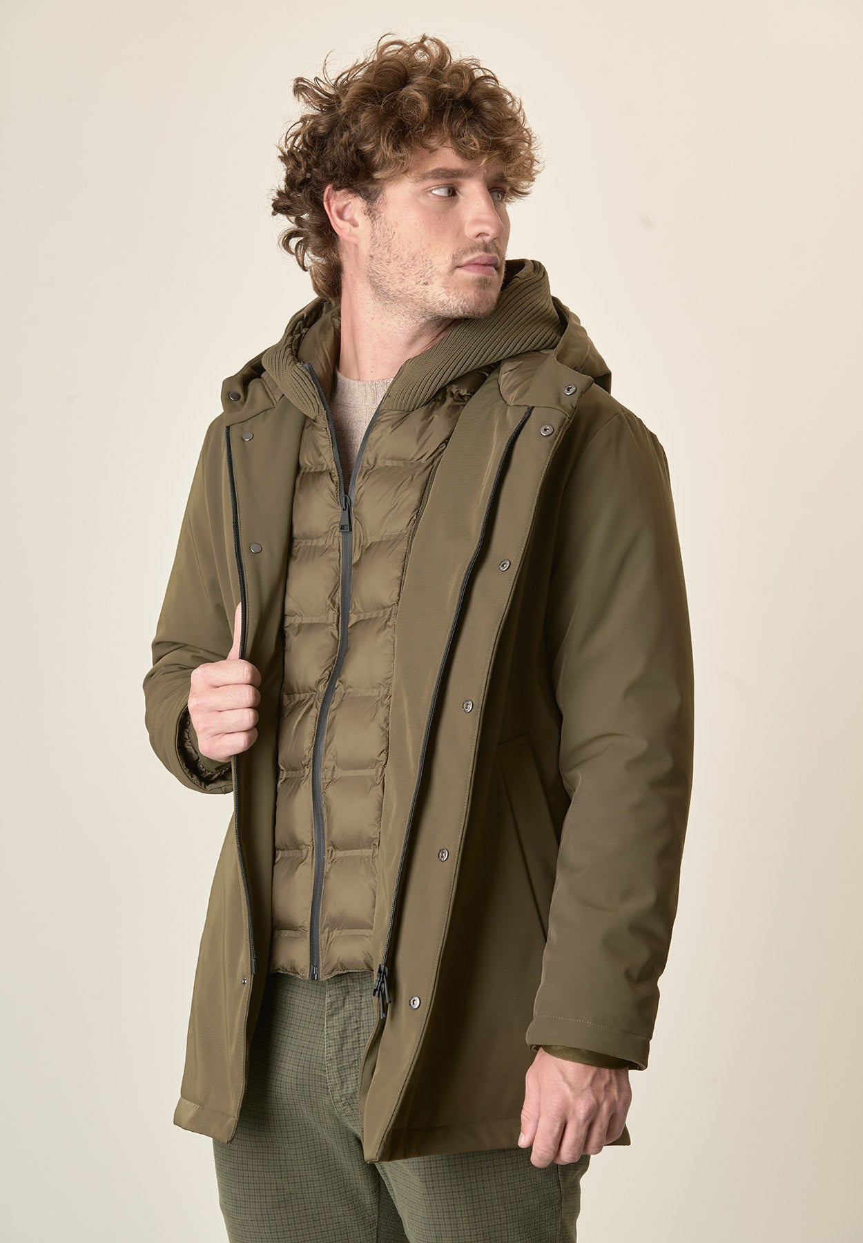 Giaccone verde militare cappuccio e pettorina staccabili-Angelico