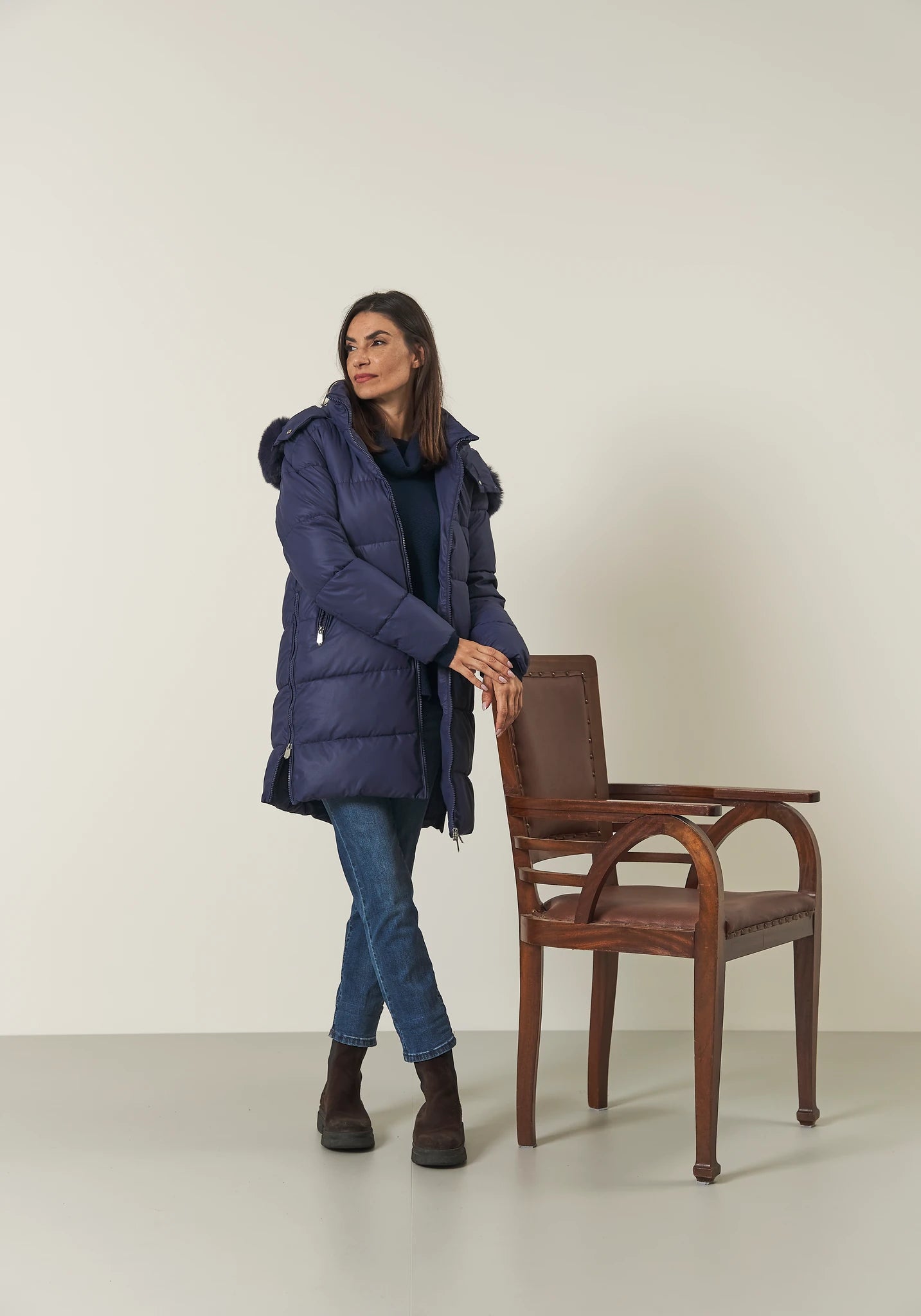 Giaccone bluette ecopelle lungo pelliccia staccabile