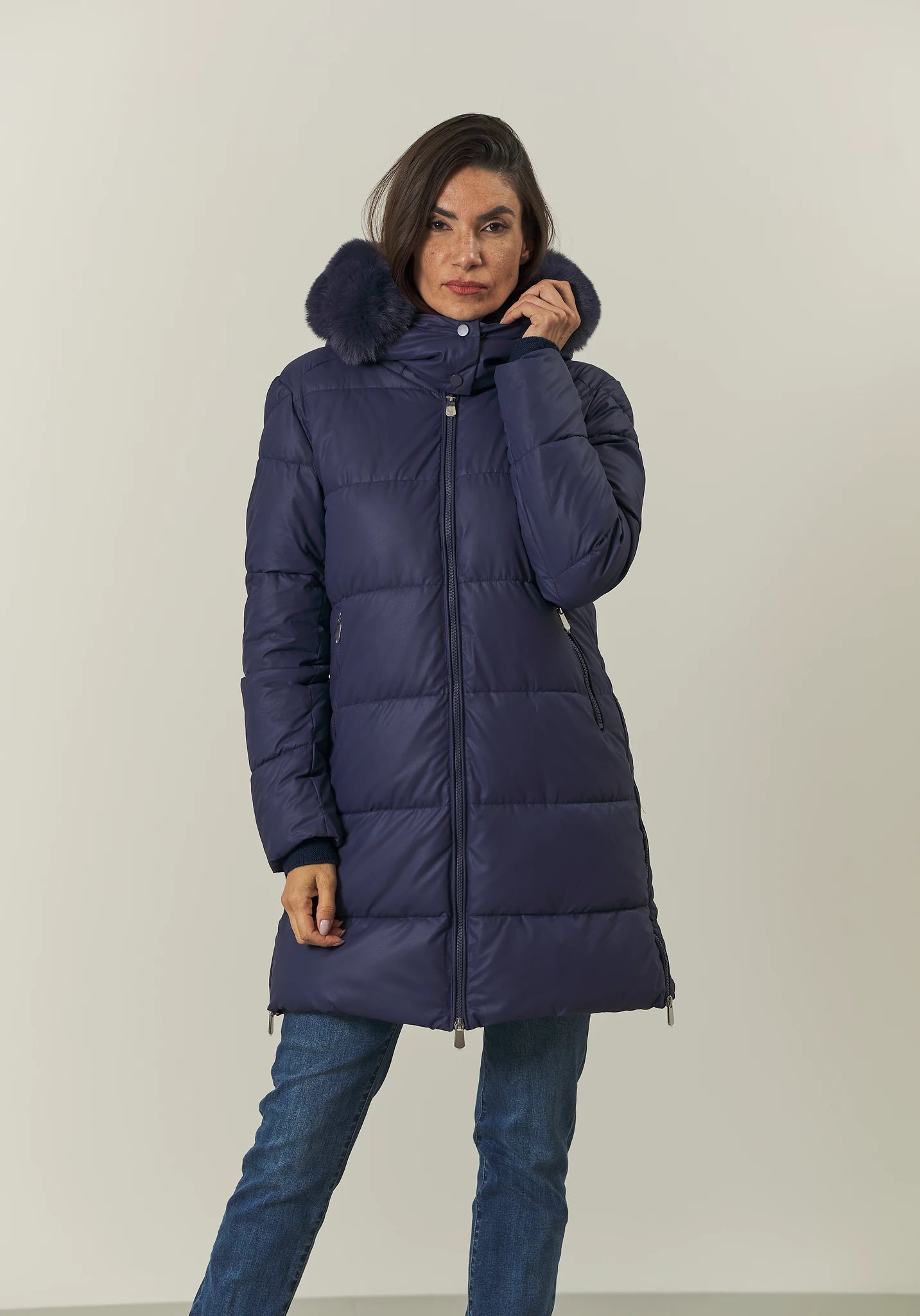 Giaccone bluette ecopelle lungo pelliccia staccabile