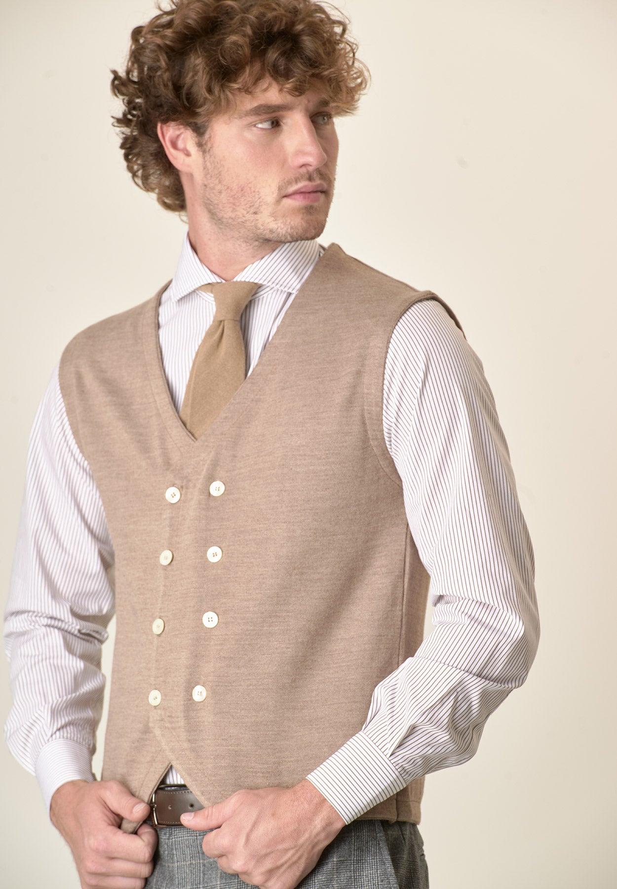 Gilet beige doppiopetto misto lana-Angelico
