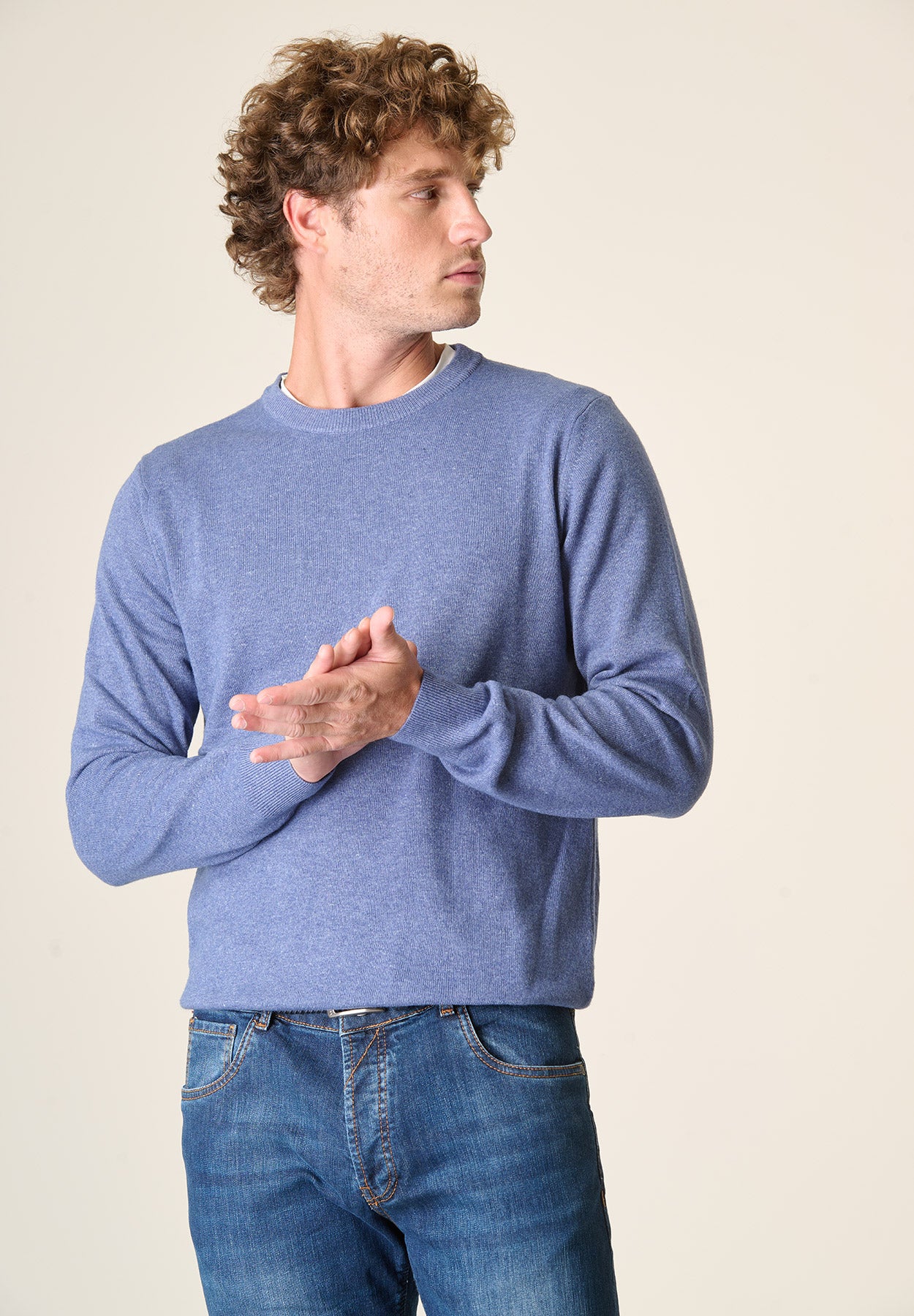Girocollo blu denim chiaro misto cashmere-Angelico