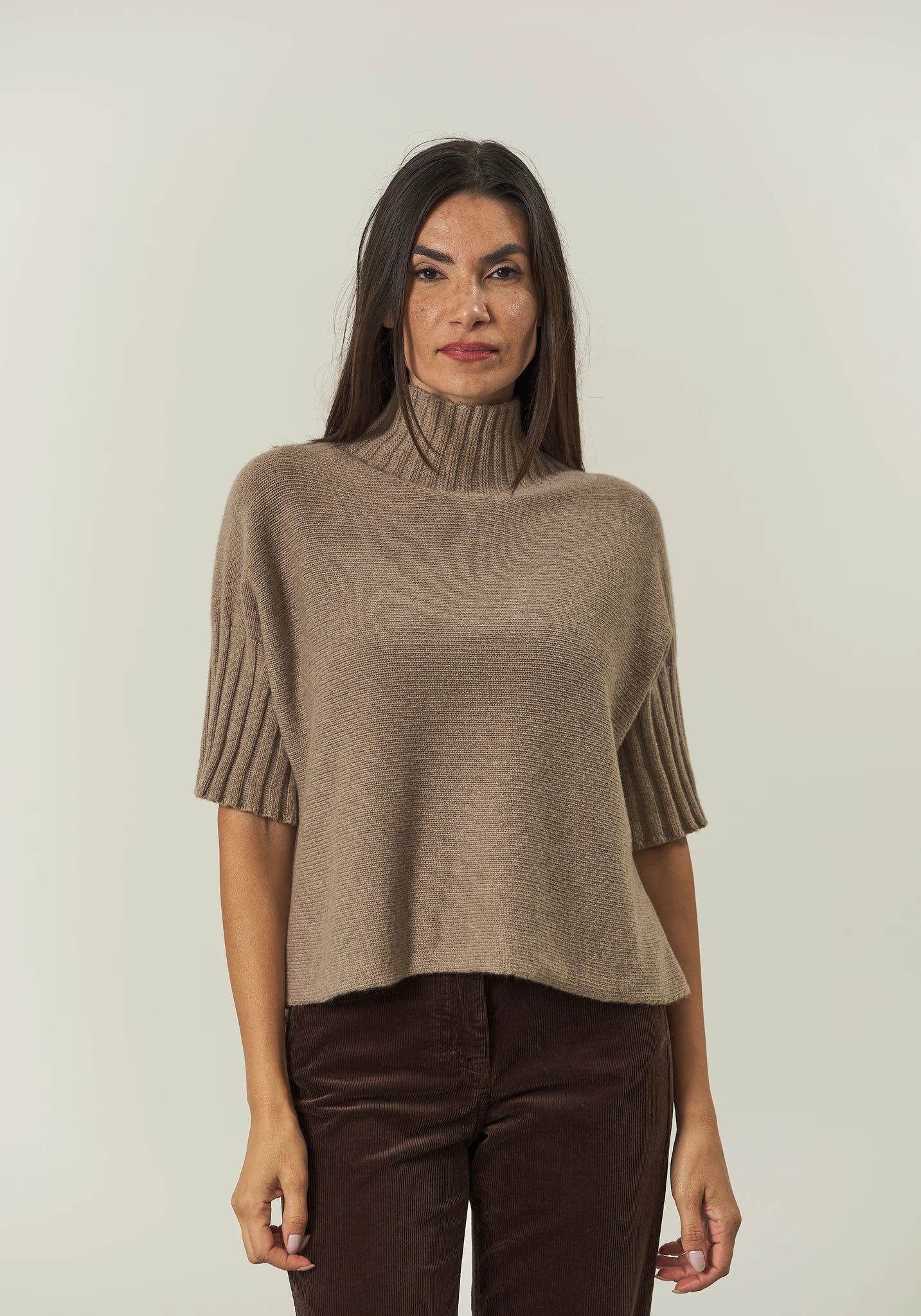 Lupetto beige manica 3/4 misto cashmere