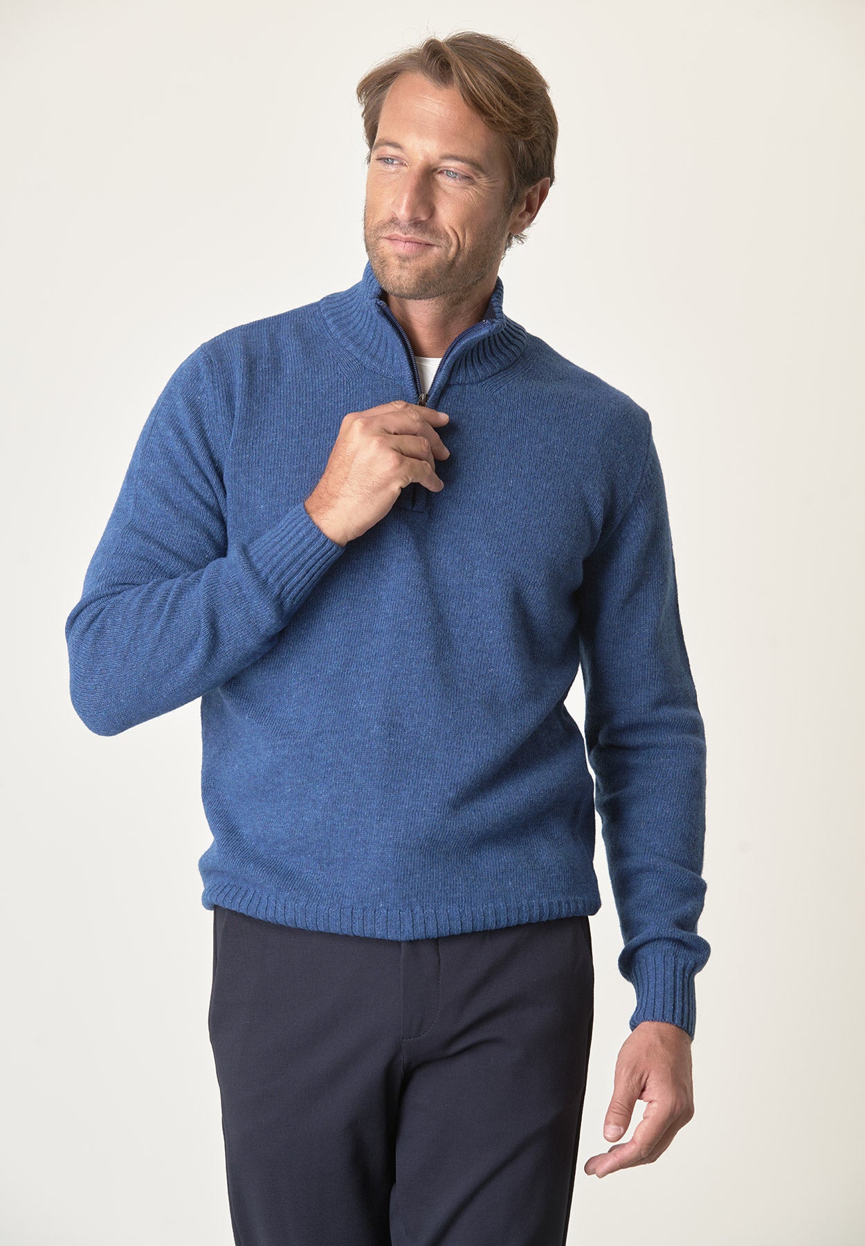 Lupetto zip blu denim misto lana-Angelico