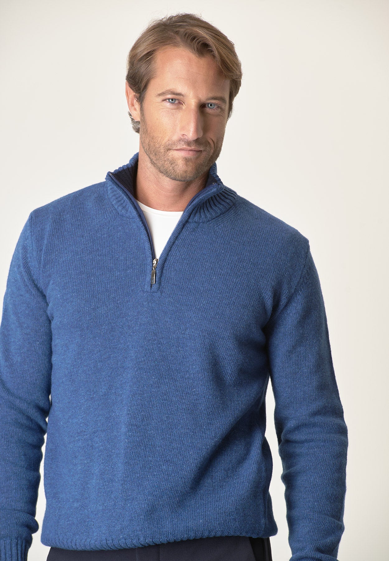 Lupetto zip blu denim misto lana-Angelico