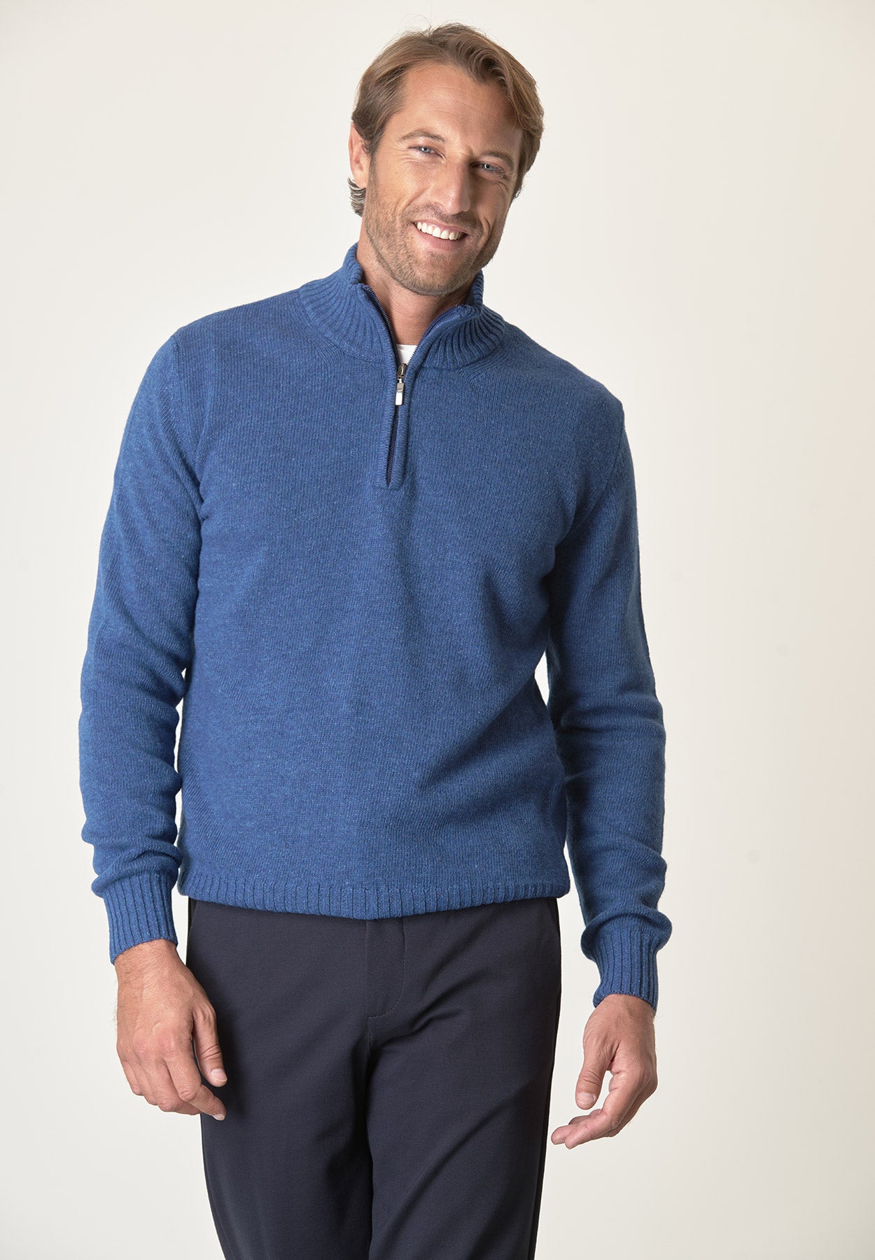 Lupetto zip blu denim misto lana-Angelico