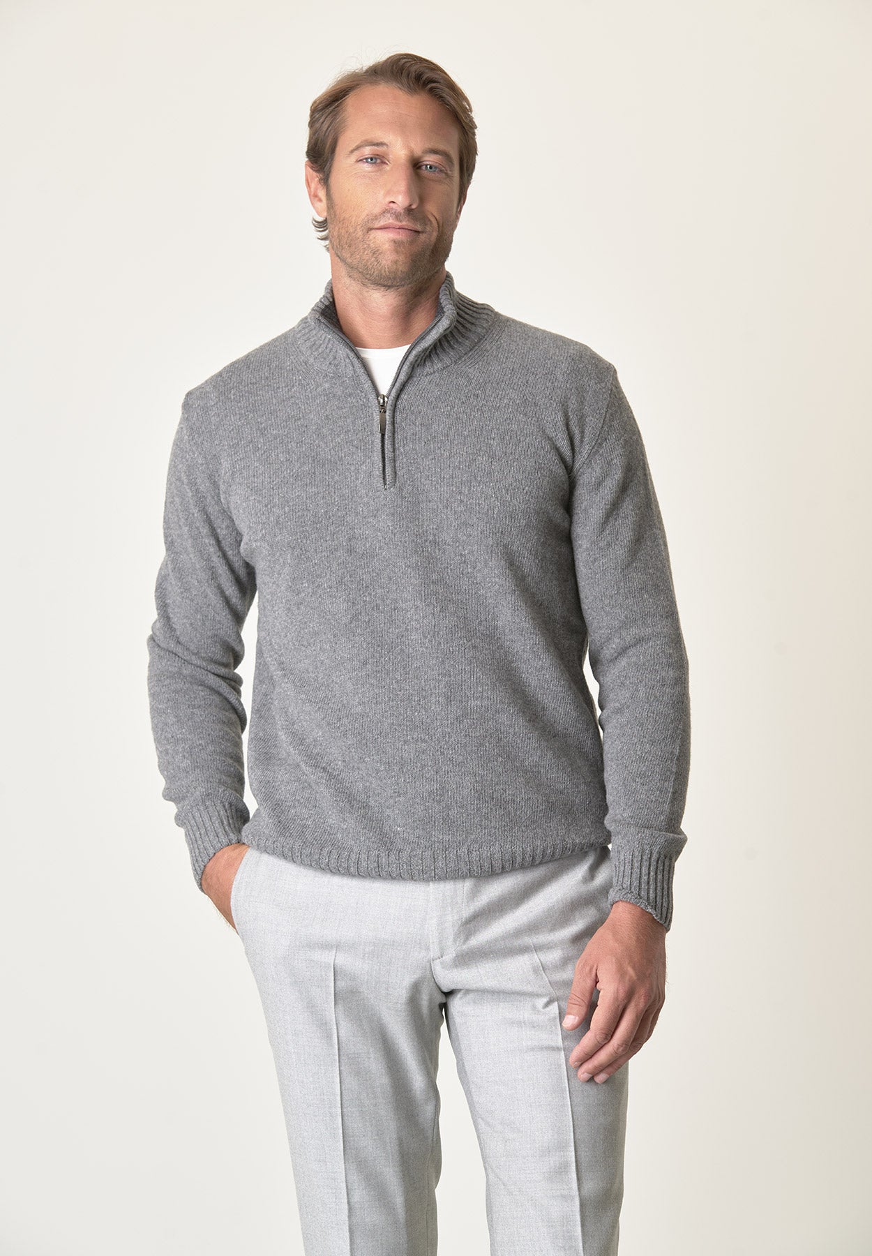 Lupetto zip grigio chiaro misto lana-Angelico