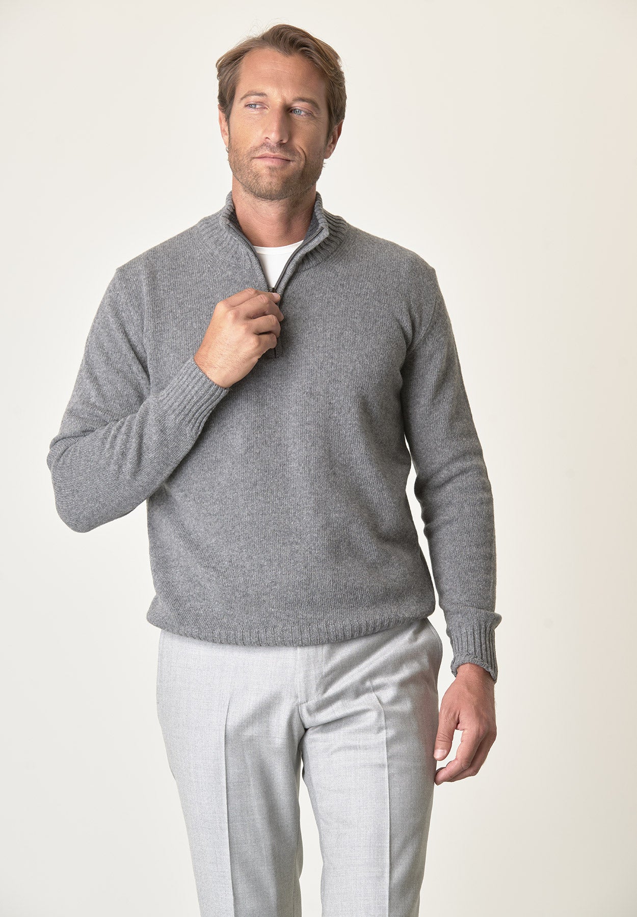 Lupetto zip grigio chiaro misto lana-Angelico