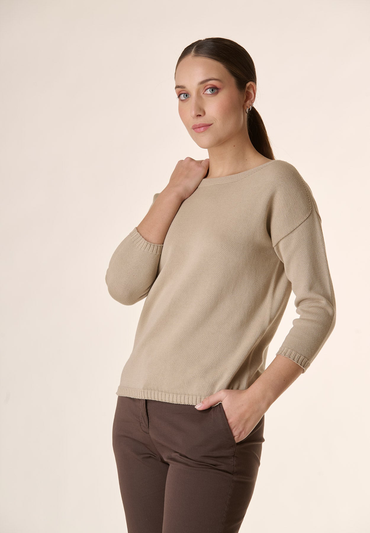 Maglia beige barchetta manica 3/4 cotone-Angelico