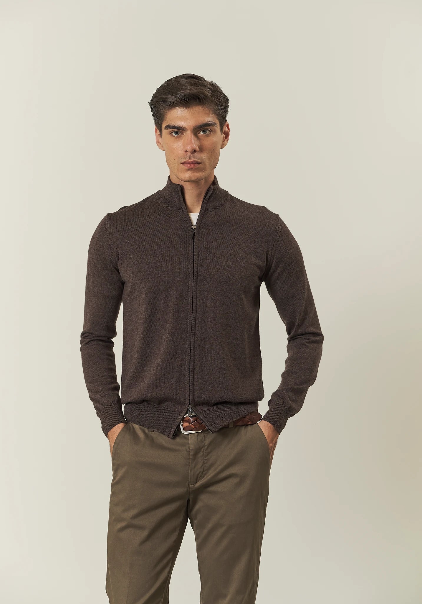 Maglia full zip marrone lana merinos Harmony