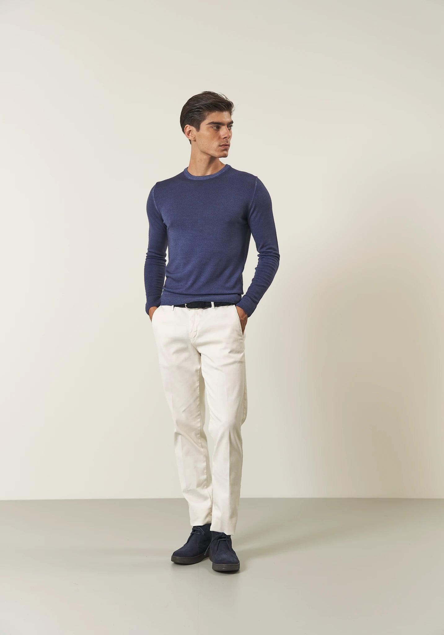Girocollo jeans lana effetto acidato