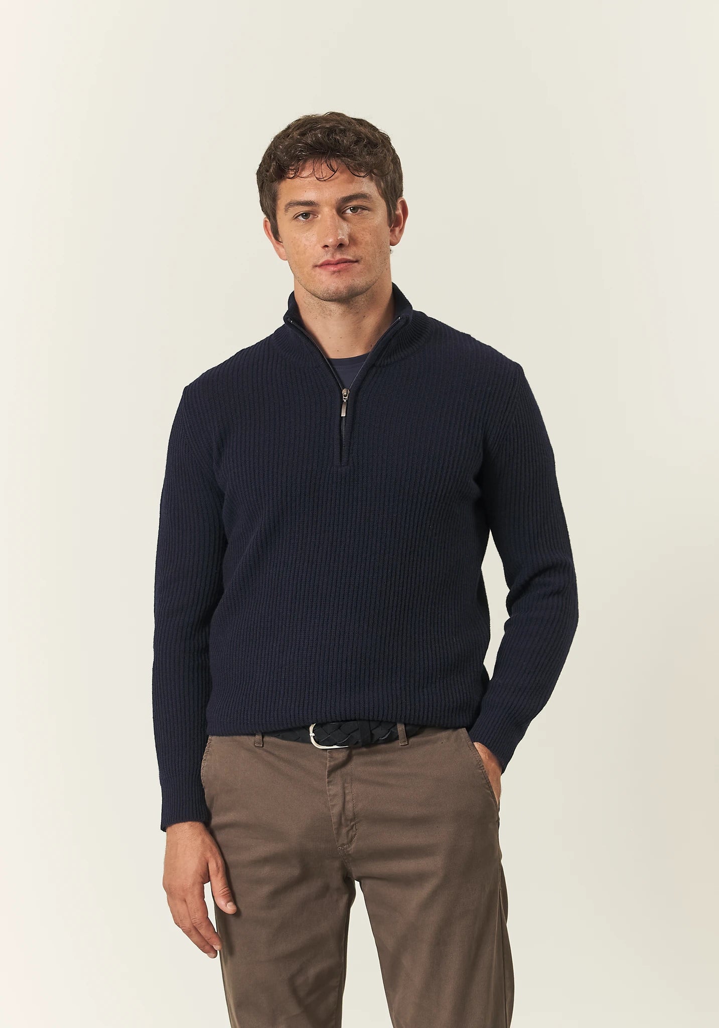 Lupetto zip blu misto lana coste