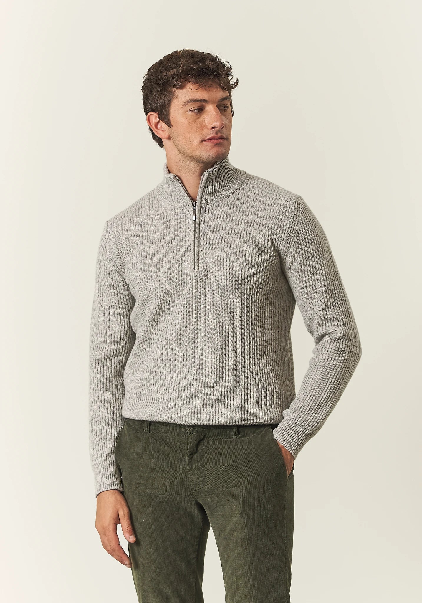 Lupetto zip grigio perla misto lana coste