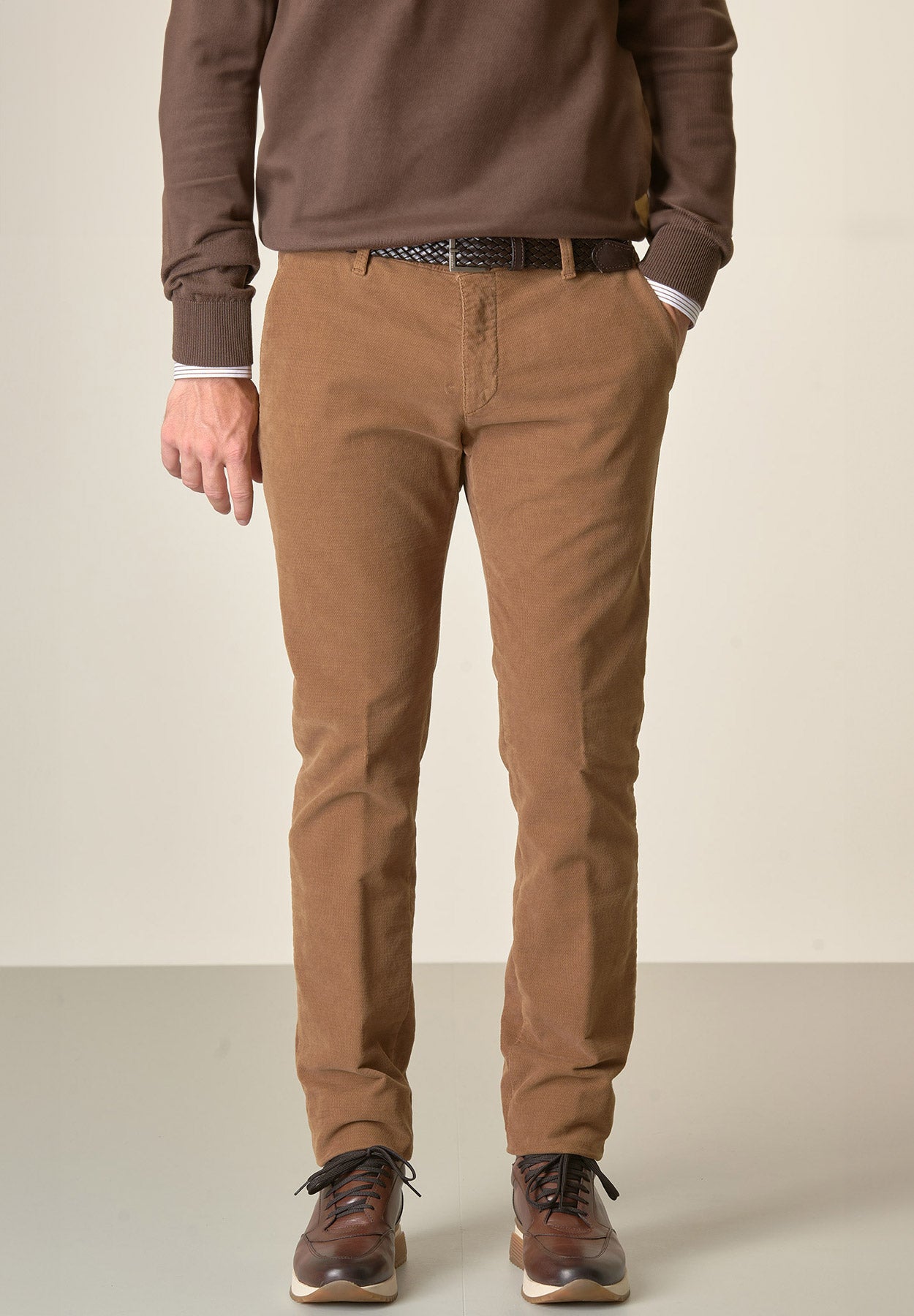 Pantalone cammello fustagno jacquard cotone slim fit-Angelico